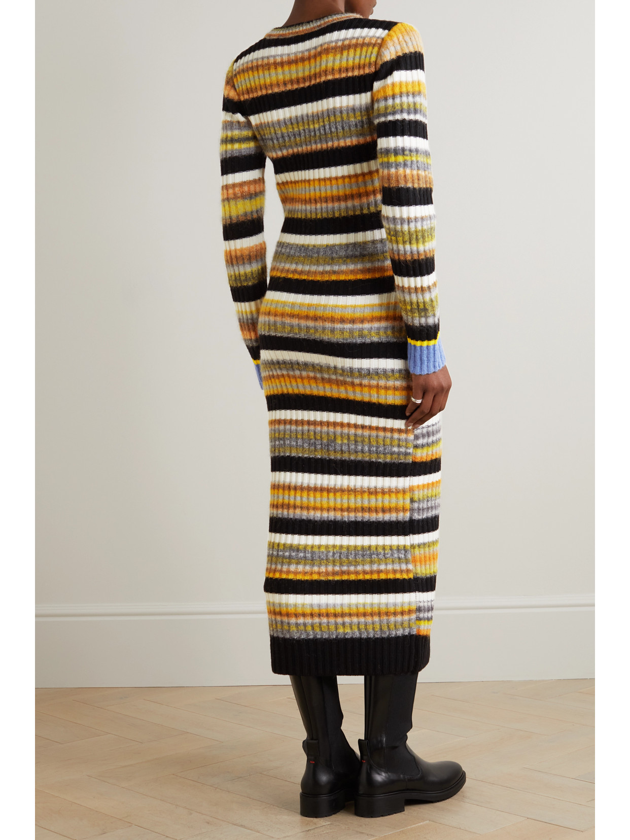Zankov Camille Striped Brushed Ribbed-knit Midi Dress In Black