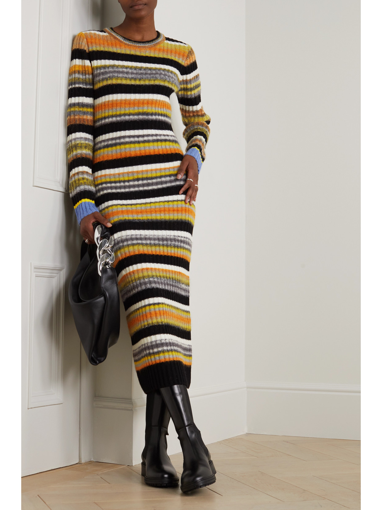 Zankov Camille Striped Brushed Ribbed-knit Midi Dress In Black
