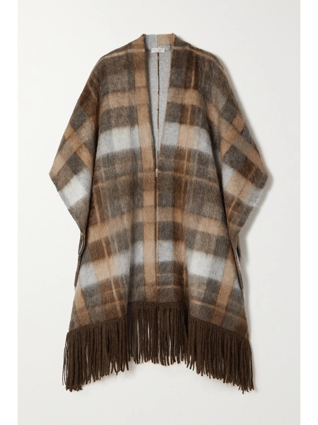Brunello Cucinelli Fringed Checked Brushed Knitted Poncho In Camel