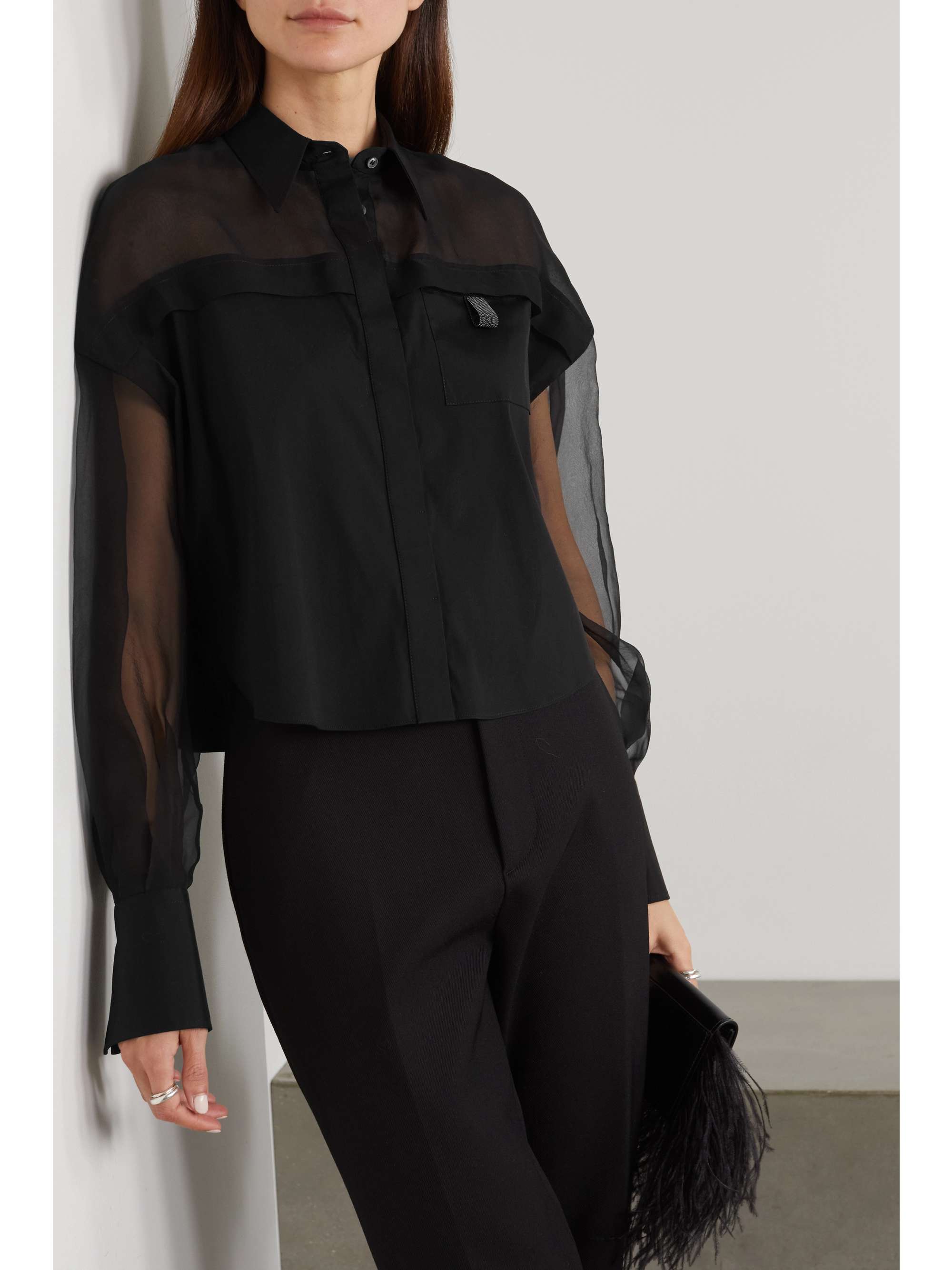BRUNELLO CUCINELLI Cotton-blend poplin and silk-organza shirt