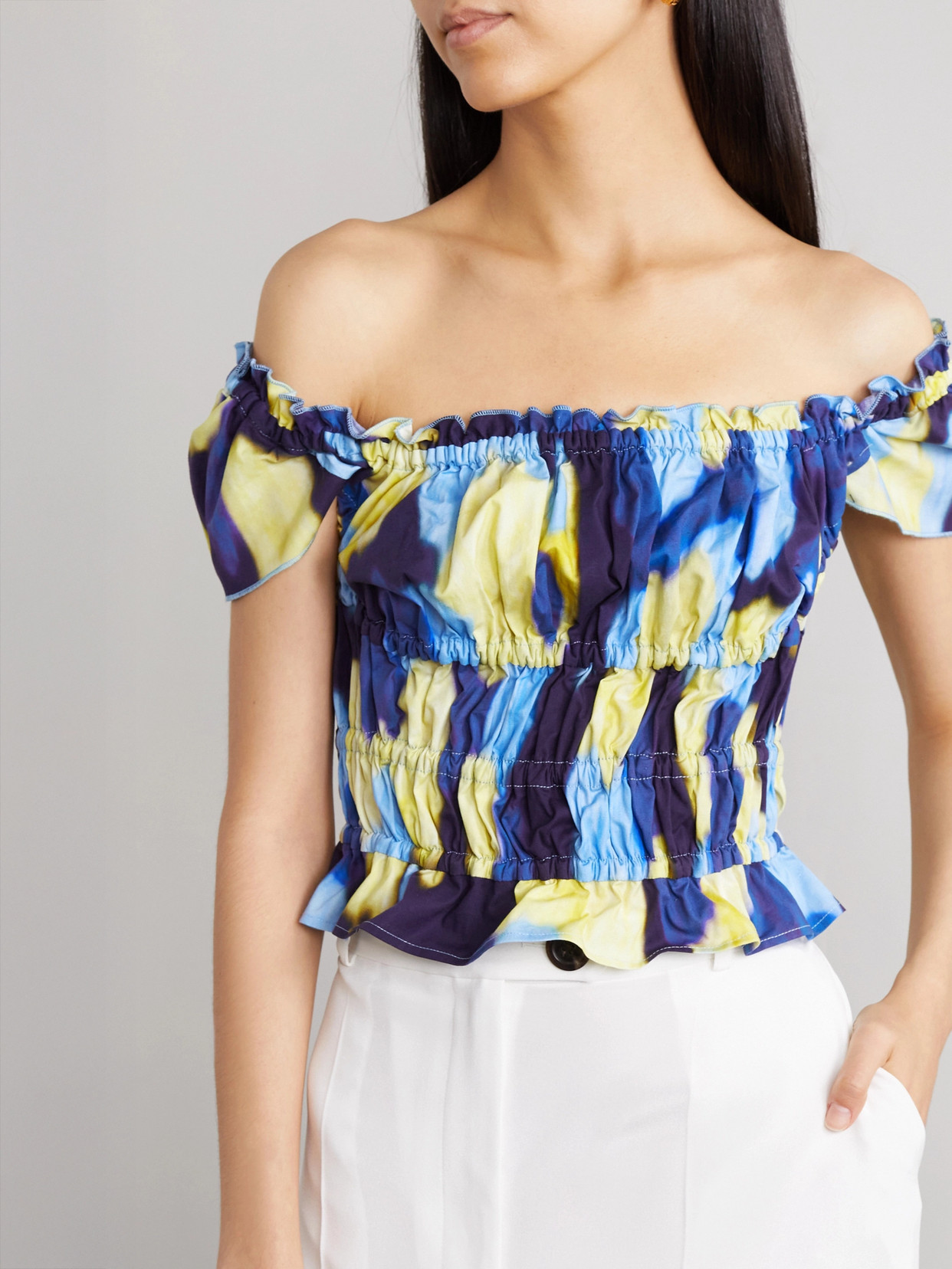 Darcey Ruffled Printed Stretch-Cotton Poplin Top