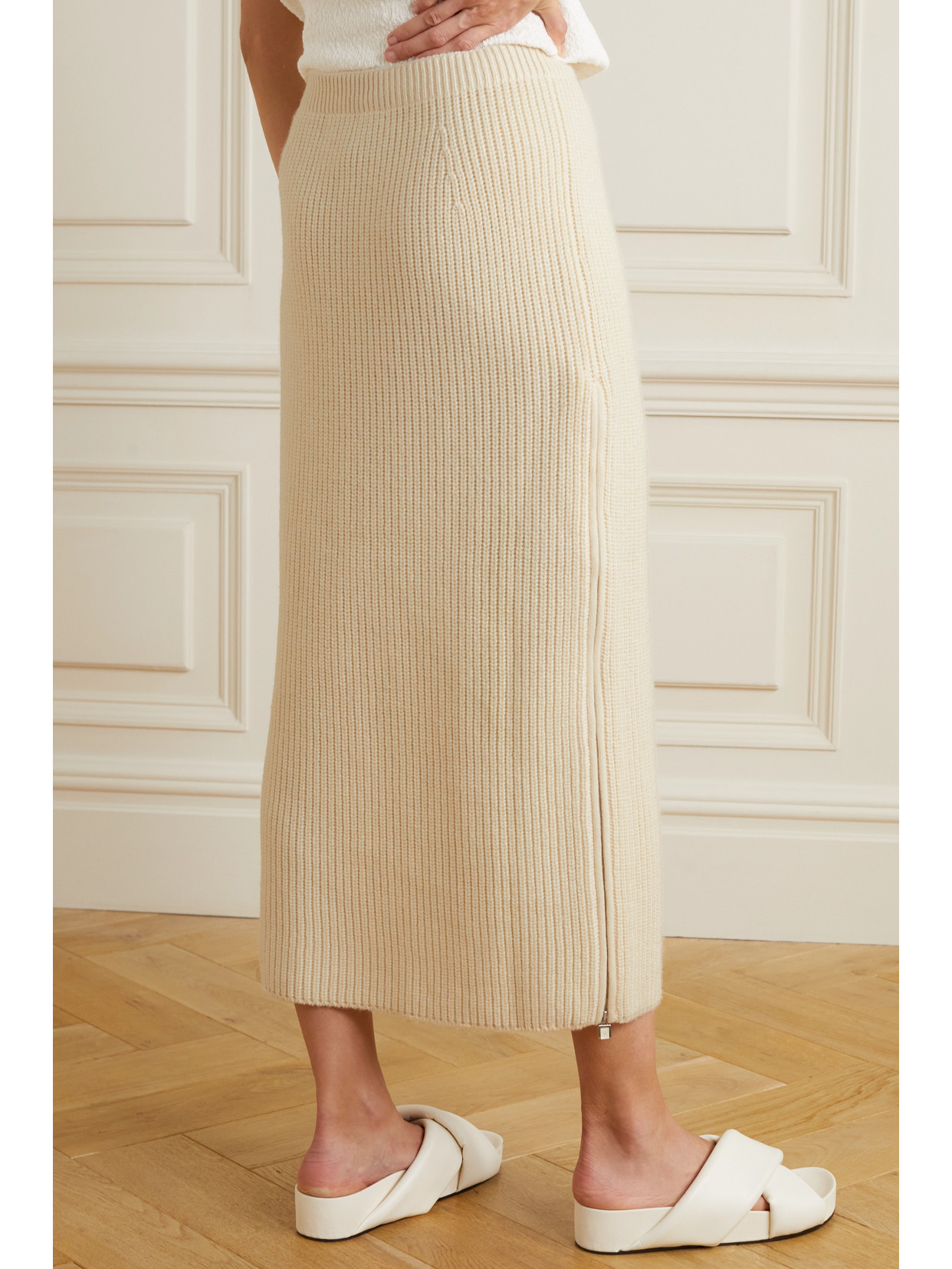 Shop Loro Piana Davenport Zip-embellished Ribbed Cashmere Midi Skirt In Cream