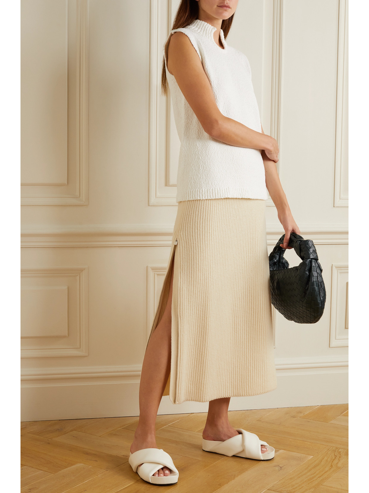 Shop Loro Piana Davenport Zip-embellished Ribbed Cashmere Midi Skirt In Cream