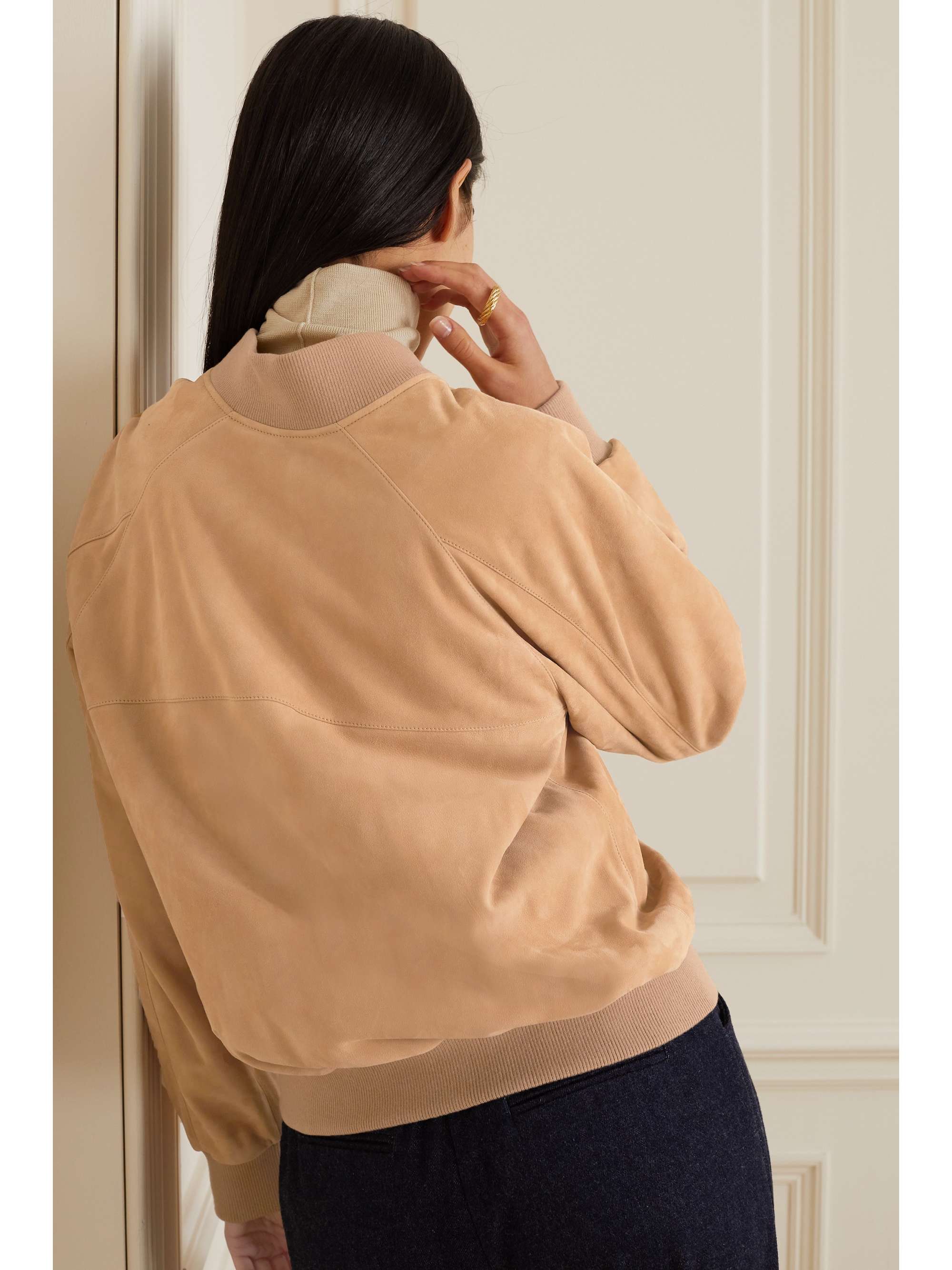 LORO PIANA Ribbed cashmere-trimmed suede bomber jacket