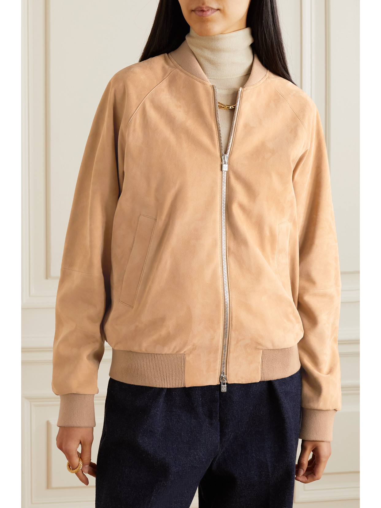 Shop Loro Piana Ribbed Cashmere-trimmed Suede Bomber Jacket In Neutrals