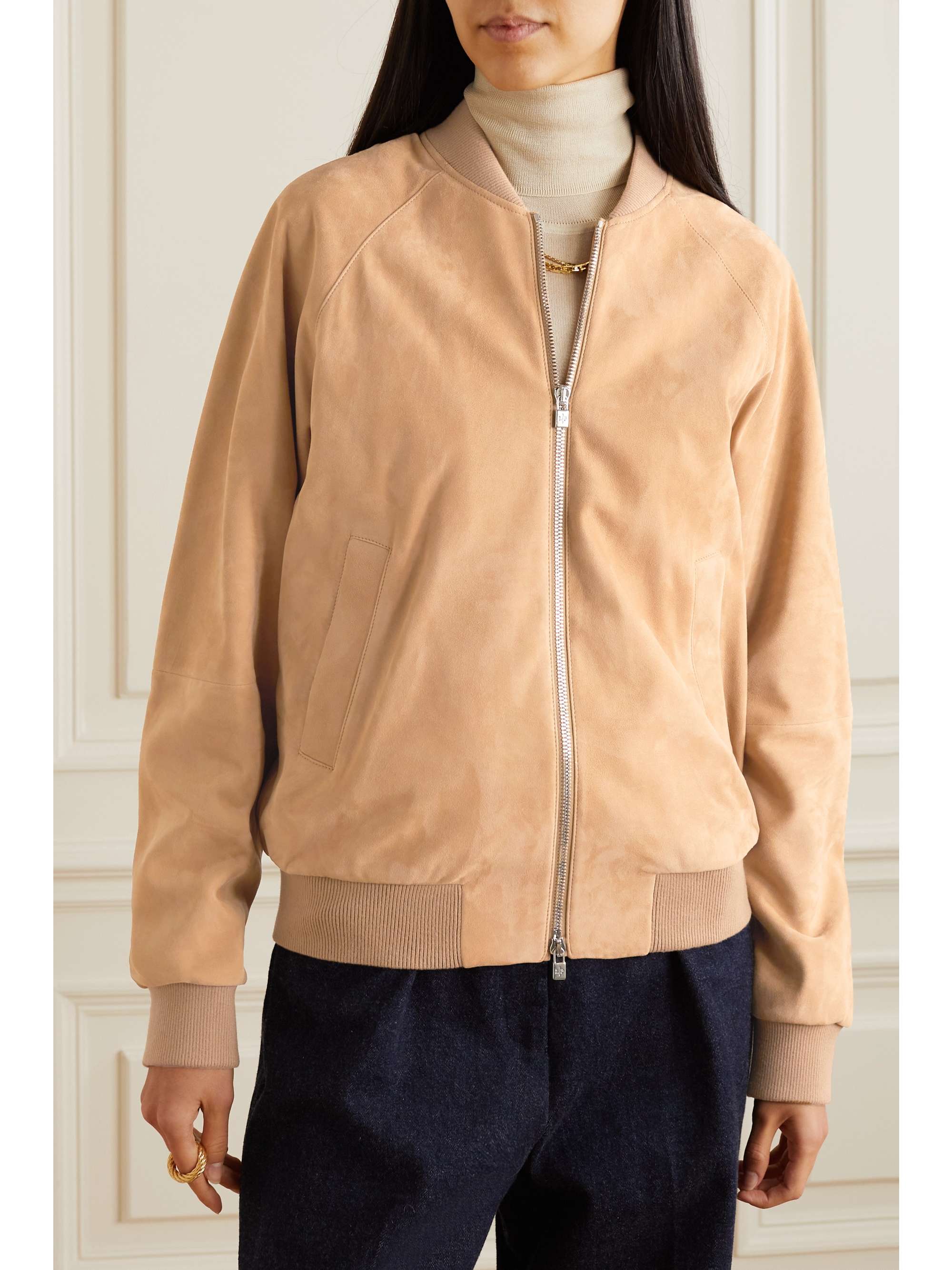 LORO PIANA Ribbed cashmere-trimmed suede bomber jacket