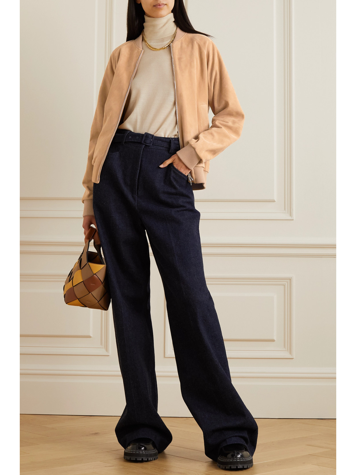 LORO PIANA RIBBED CASHMERE-TRIMMED SUEDE BOMBER JACKET