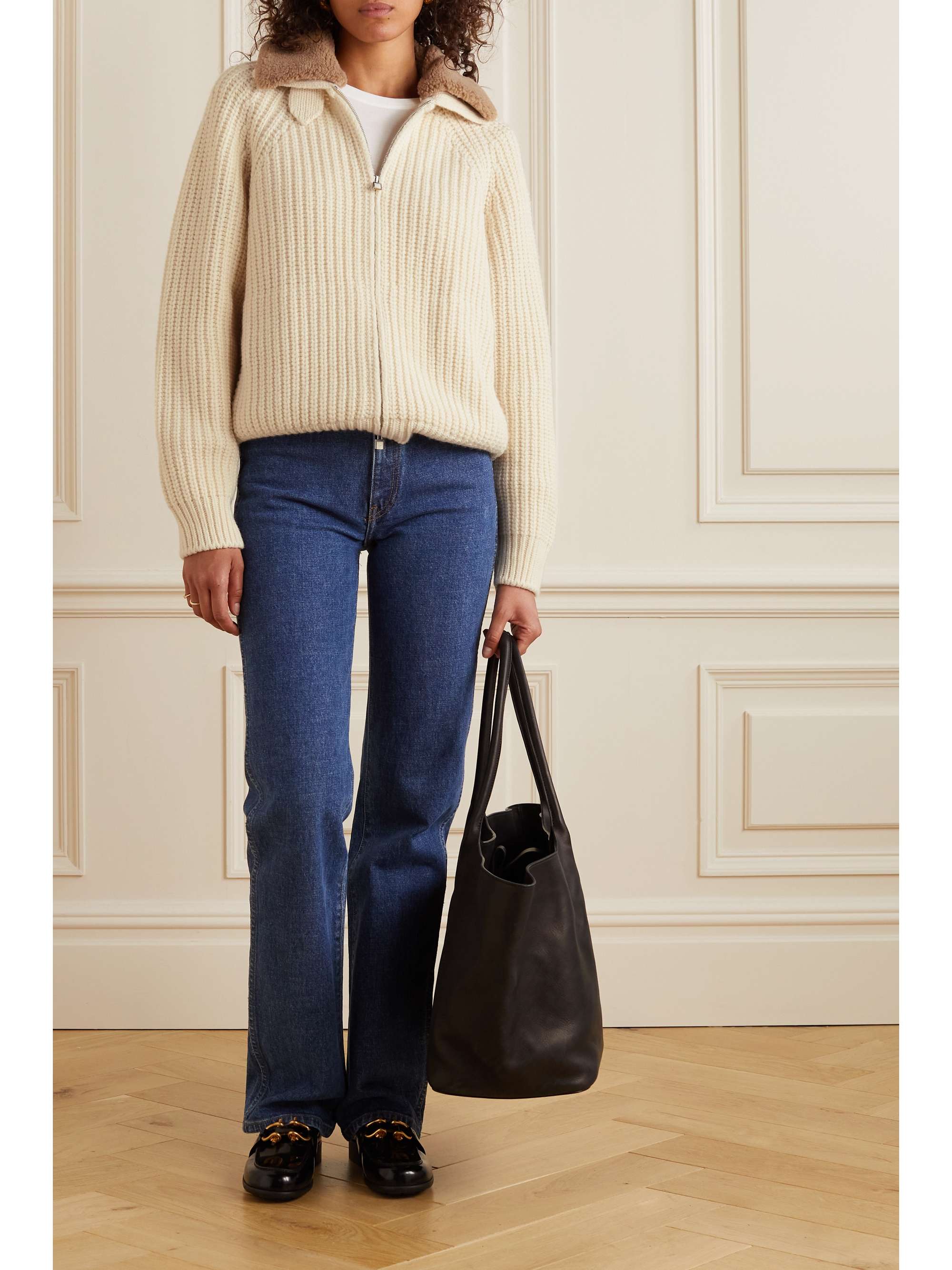 LORO PIANA Convertible fleece-trimmed ribbed cashmere and silk-blend cardigan