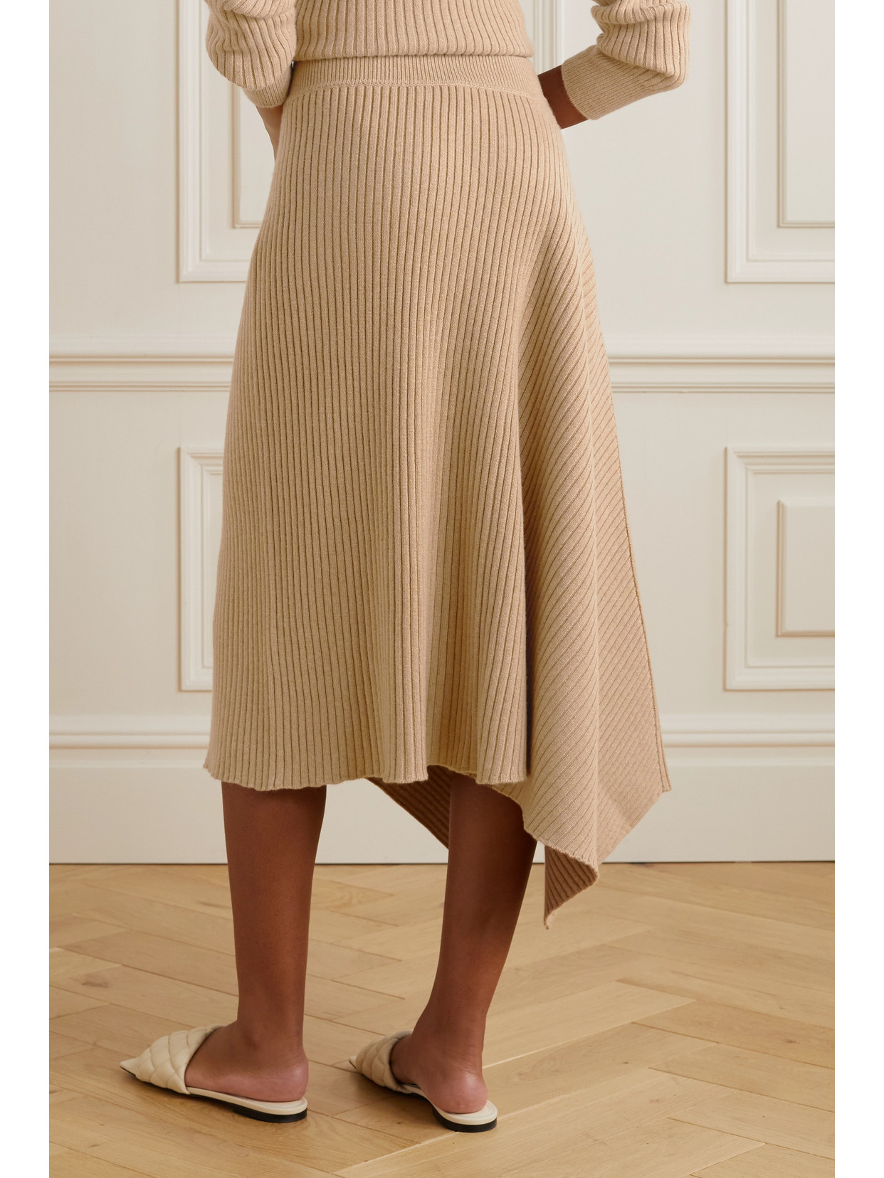 Shop Loro Piana Asymmetric Ribbed Cashmere Midi Skirt In Neutrals