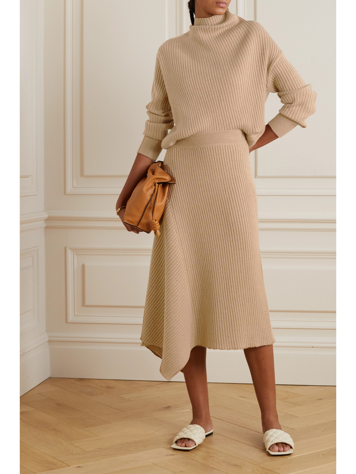 Shop Loro Piana Asymmetric Ribbed Cashmere Midi Skirt In Neutrals