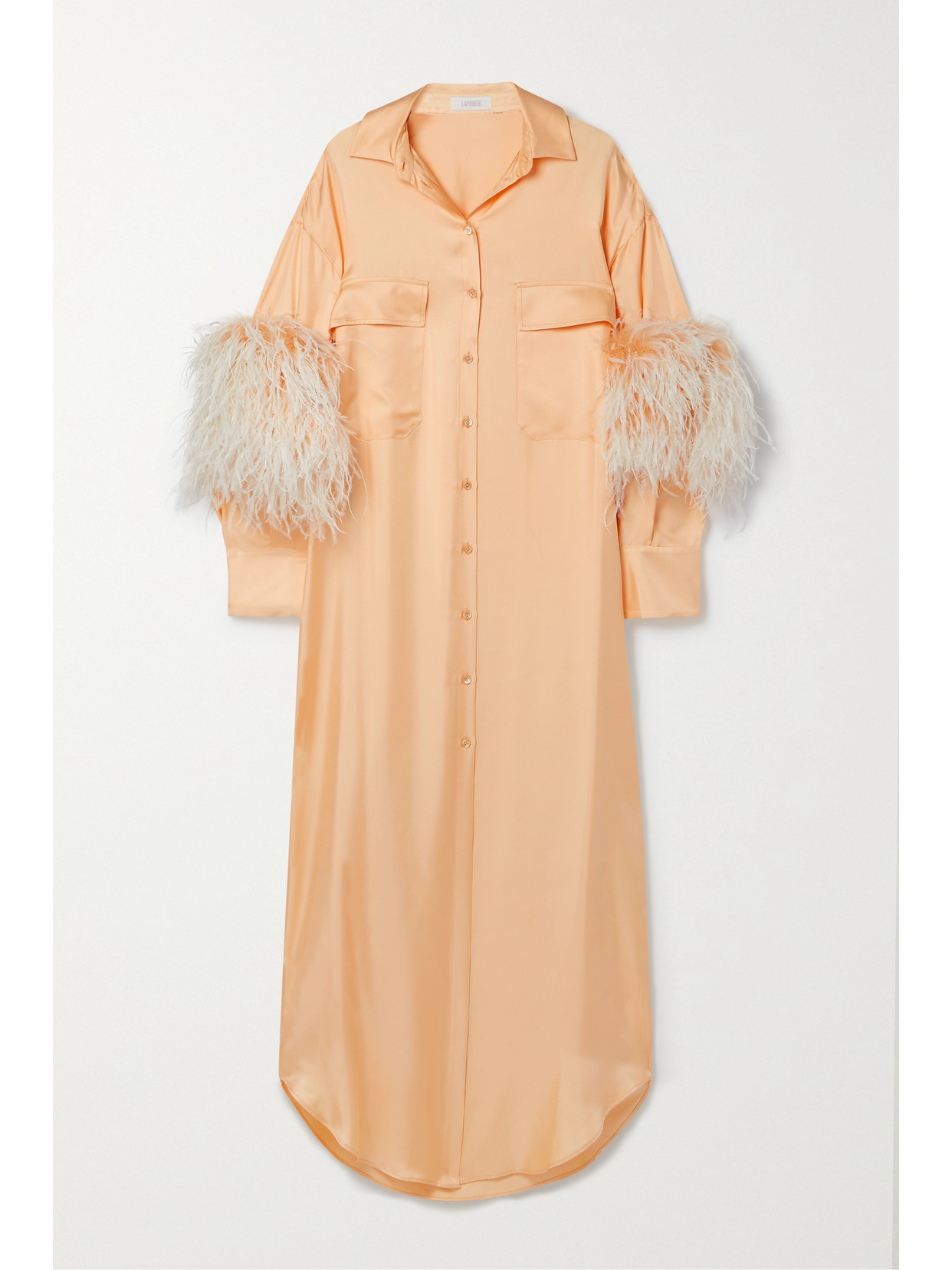 LAPOINTE Oversized Feather-trimmed Silk-twill Shirt Dress