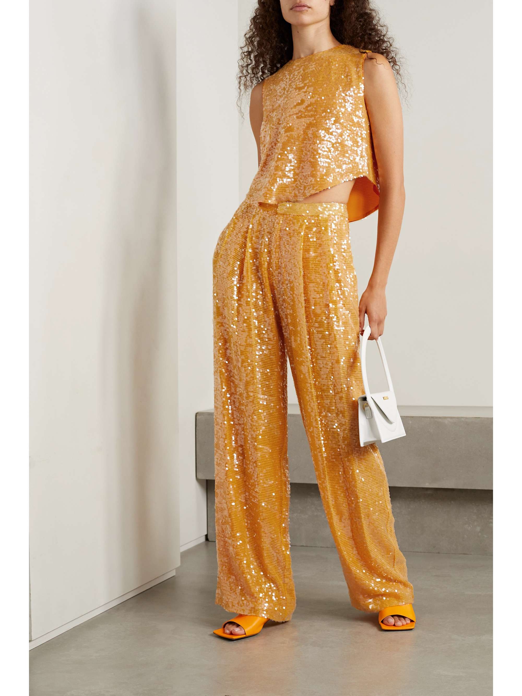 LAPOINTE Pleated sequined crepe straight-leg pants