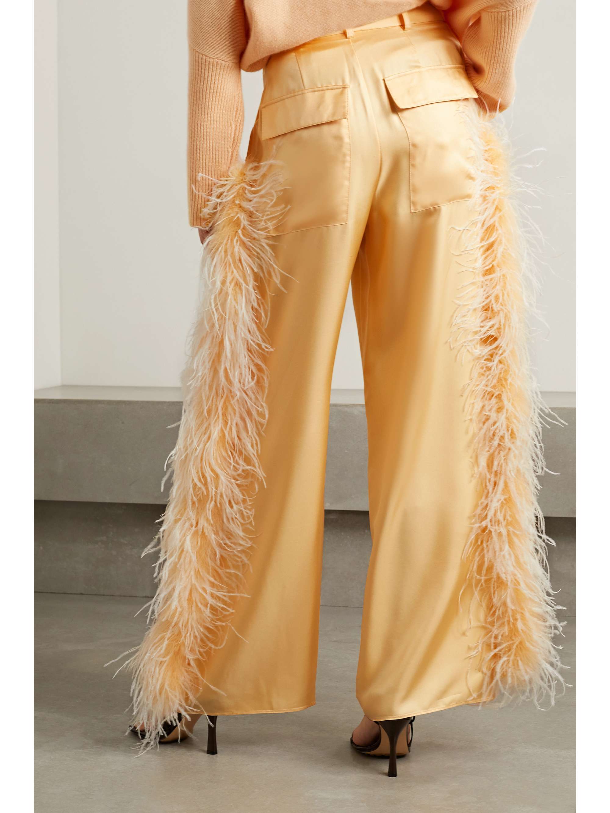 LAPOINTE Feather-trimmed silk-twill straight-leg pants