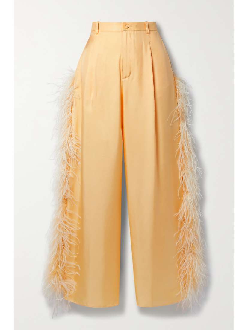 Lapointe Feather-trimmed Silk-twill Straight-leg Pants
