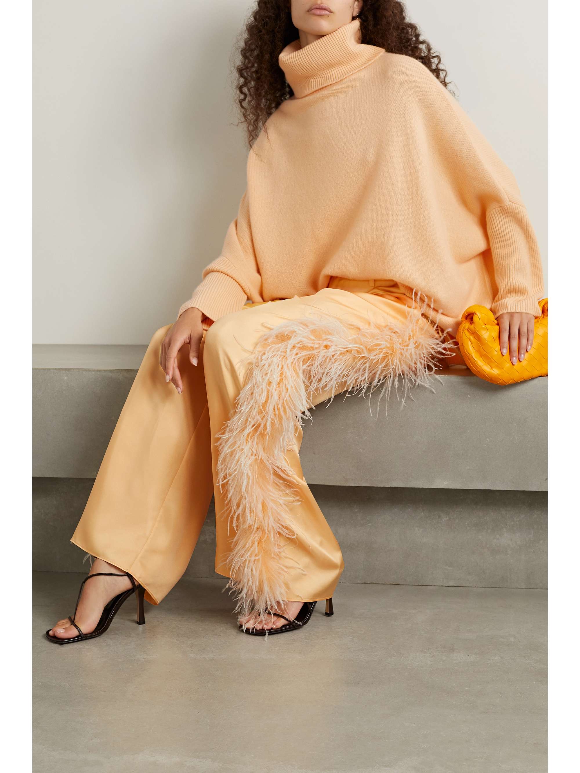 LAPOINTE Feather-trimmed silk-twill straight-leg pants