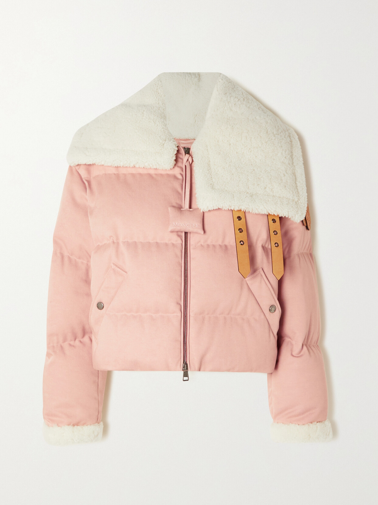 Shop Moncler Genius + Jw Anderson Penygarder Shearling-trimmed Quilted Denim Down Jacket In Pink