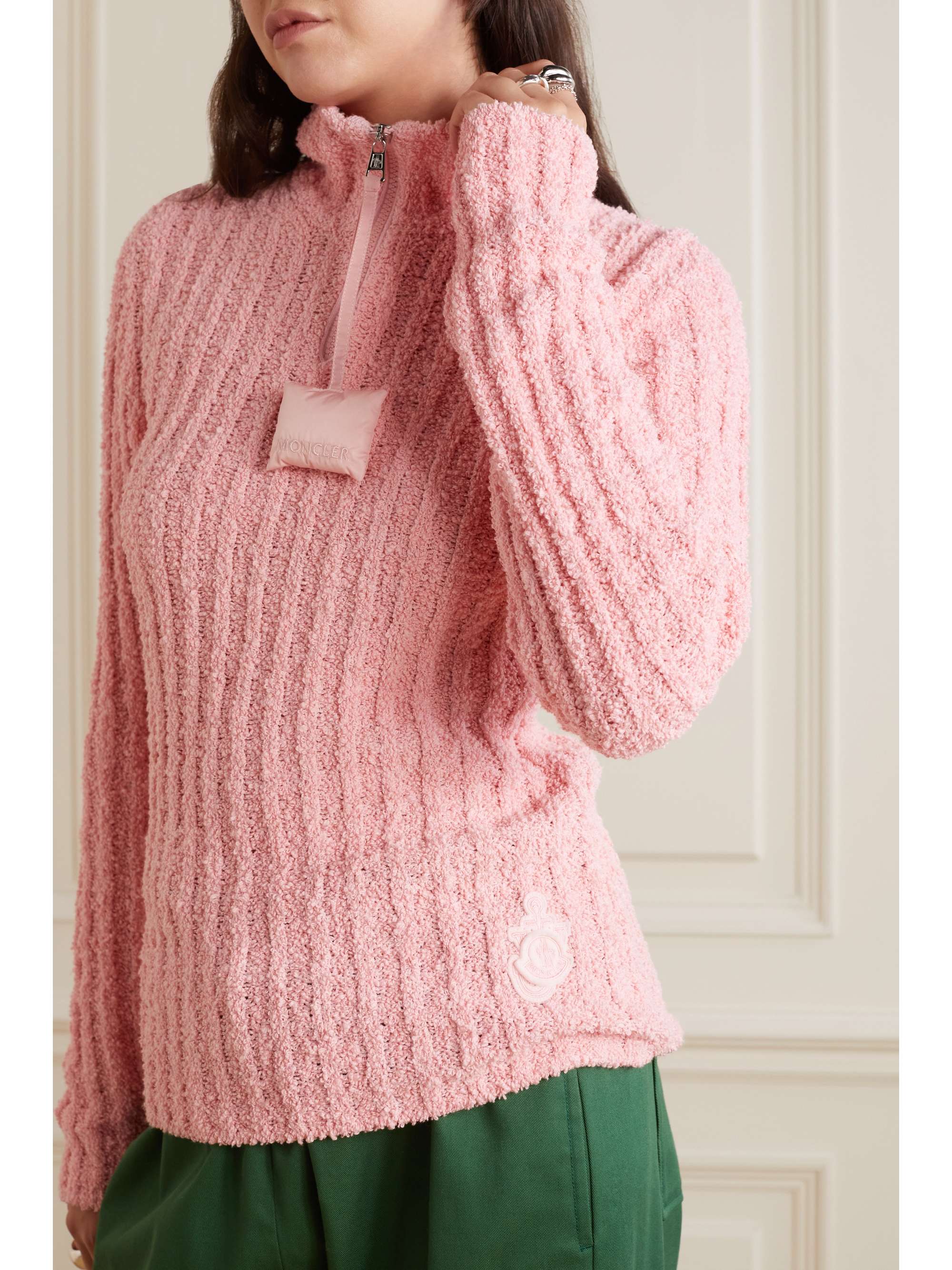 MONCLER GENIUS + JW Anderson appliquéd ribbed cotton-blend bouclé sweater