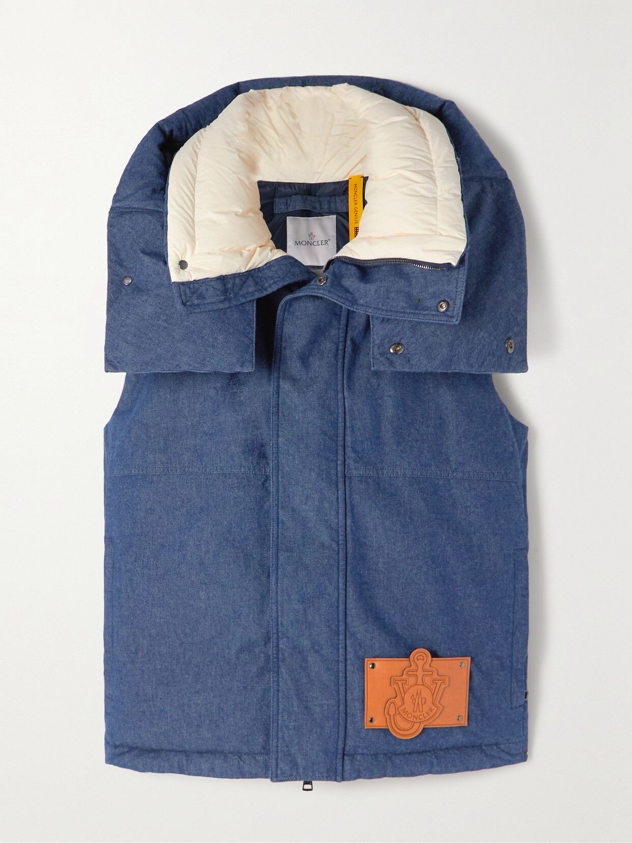 Shop Moncler Genius + Jw Anderson Dalby Hooded Faux Leather-trimmed Denim Down Vest In Blue