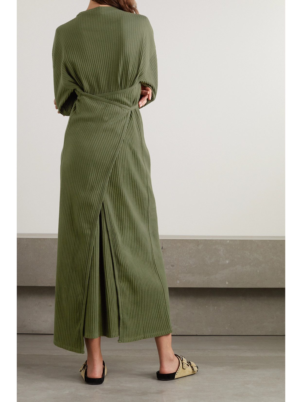 Baserange - Shaw Ribbed Recycled And Organic Cotton Midi Wrap Dress - Green