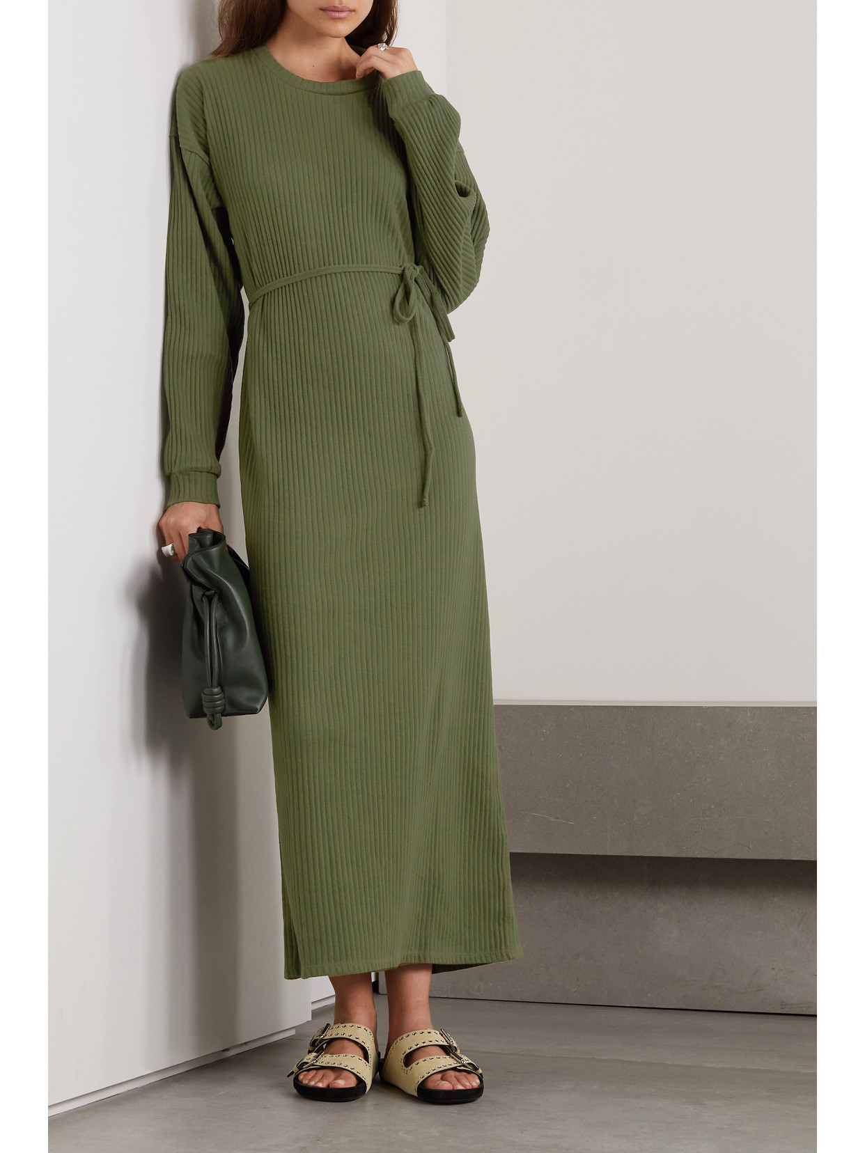 Baserange - Shaw Ribbed Recycled And Organic Cotton Midi Wrap Dress - Green