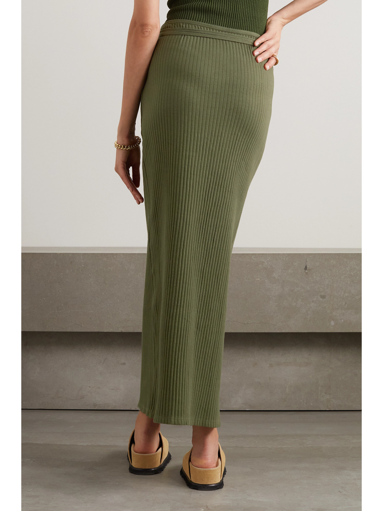 Baserange - Brig Ribbed Organic And Recycled Cotton Wrap Maxi Skirt - Green