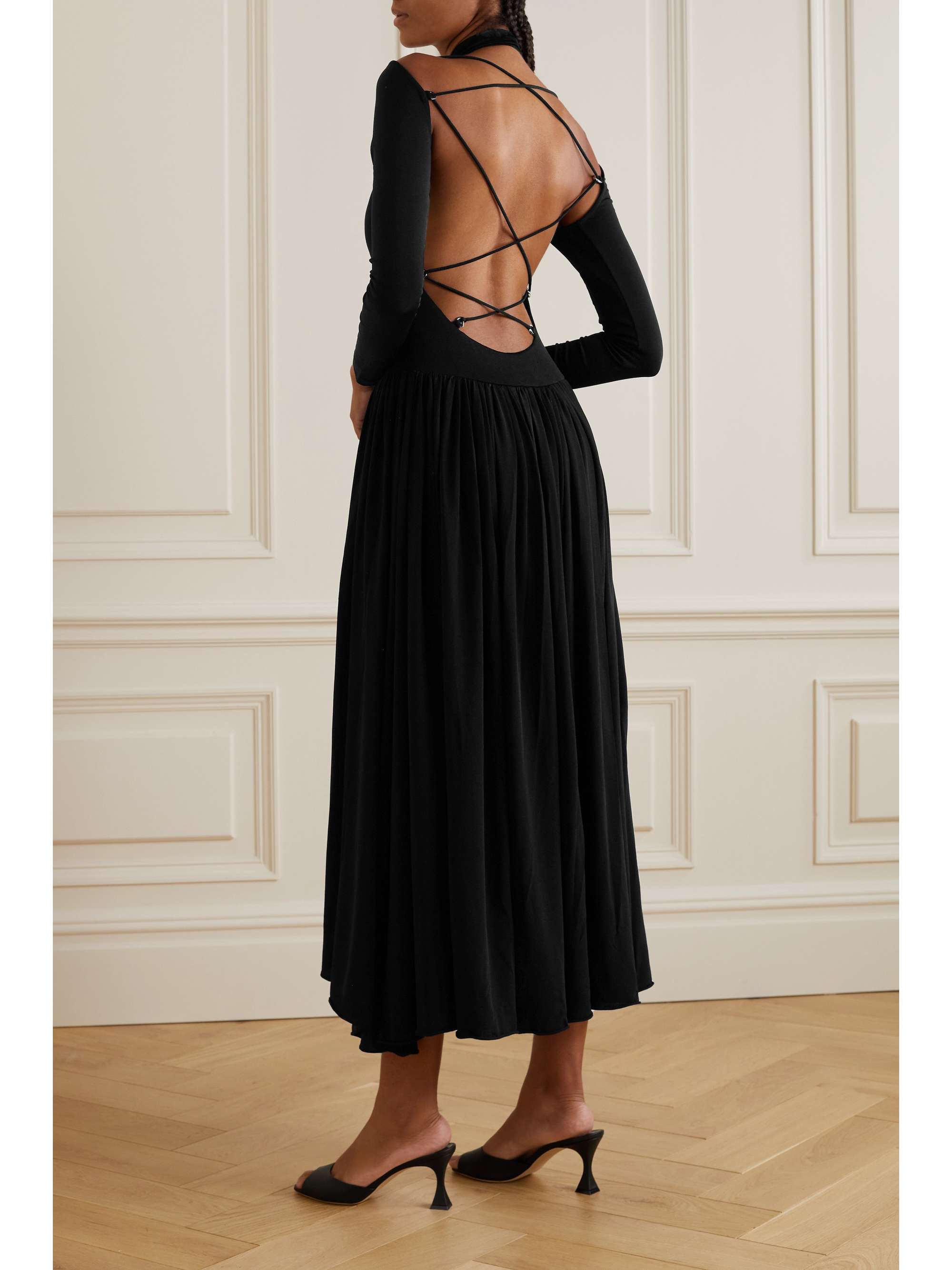 KHAITE Dasa cold-shoulder paneled pleated stretch-jersey halterneck midi dress