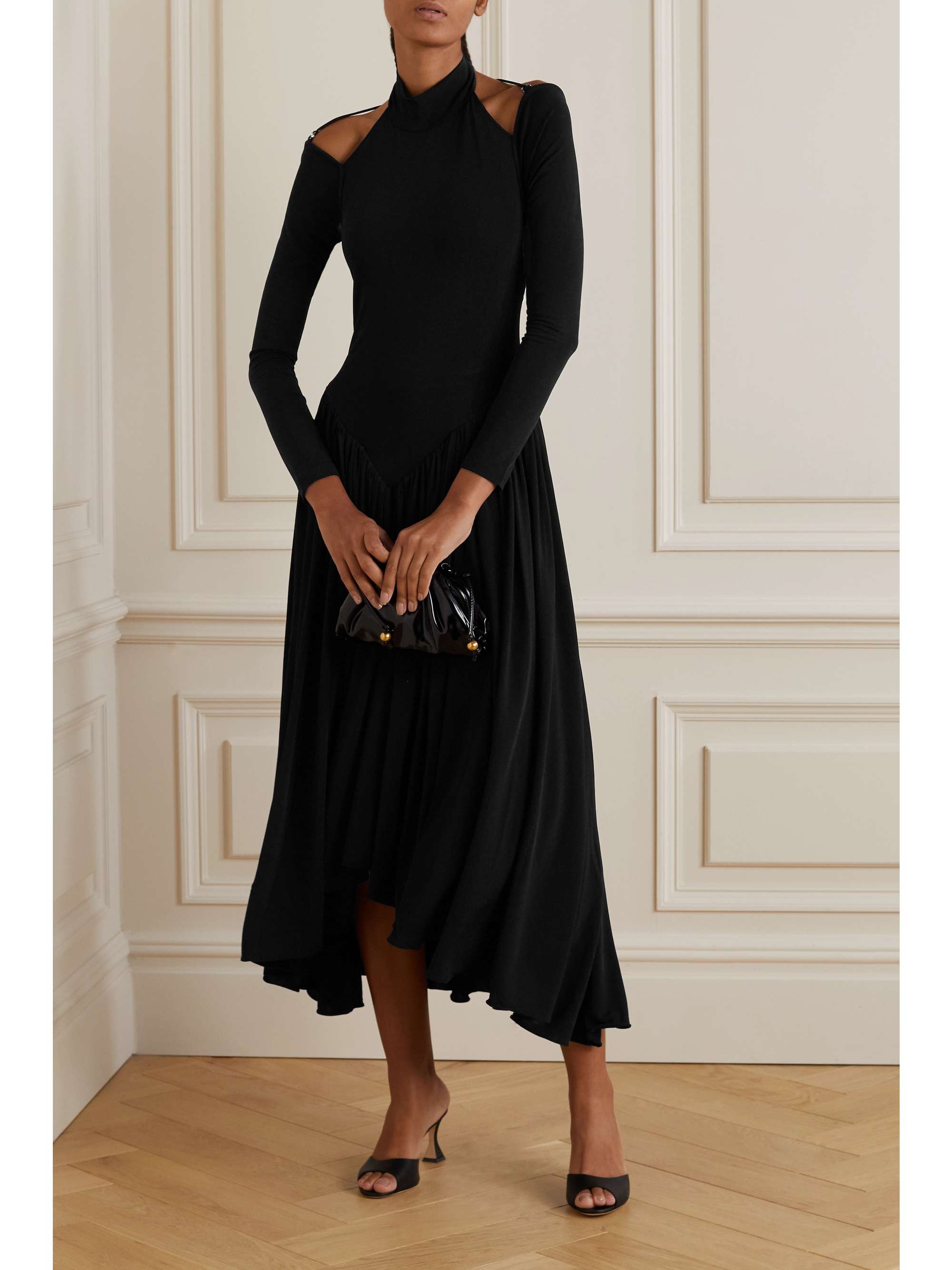 KHAITE Dasa cold-shoulder paneled pleated stretch-jersey halterneck midi dress