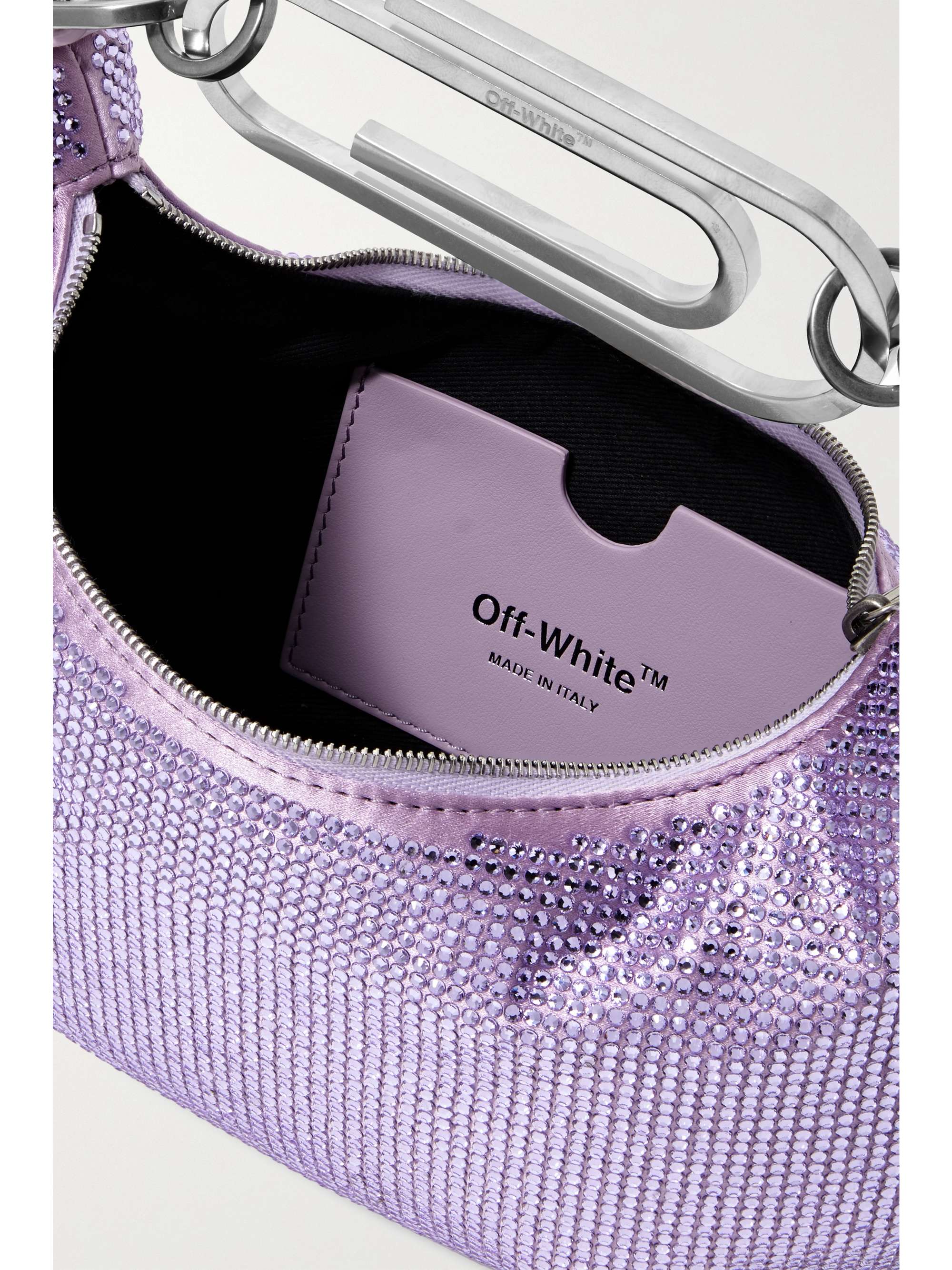 OFF-WHITE Paperclip mini crystal-embellished satin tote