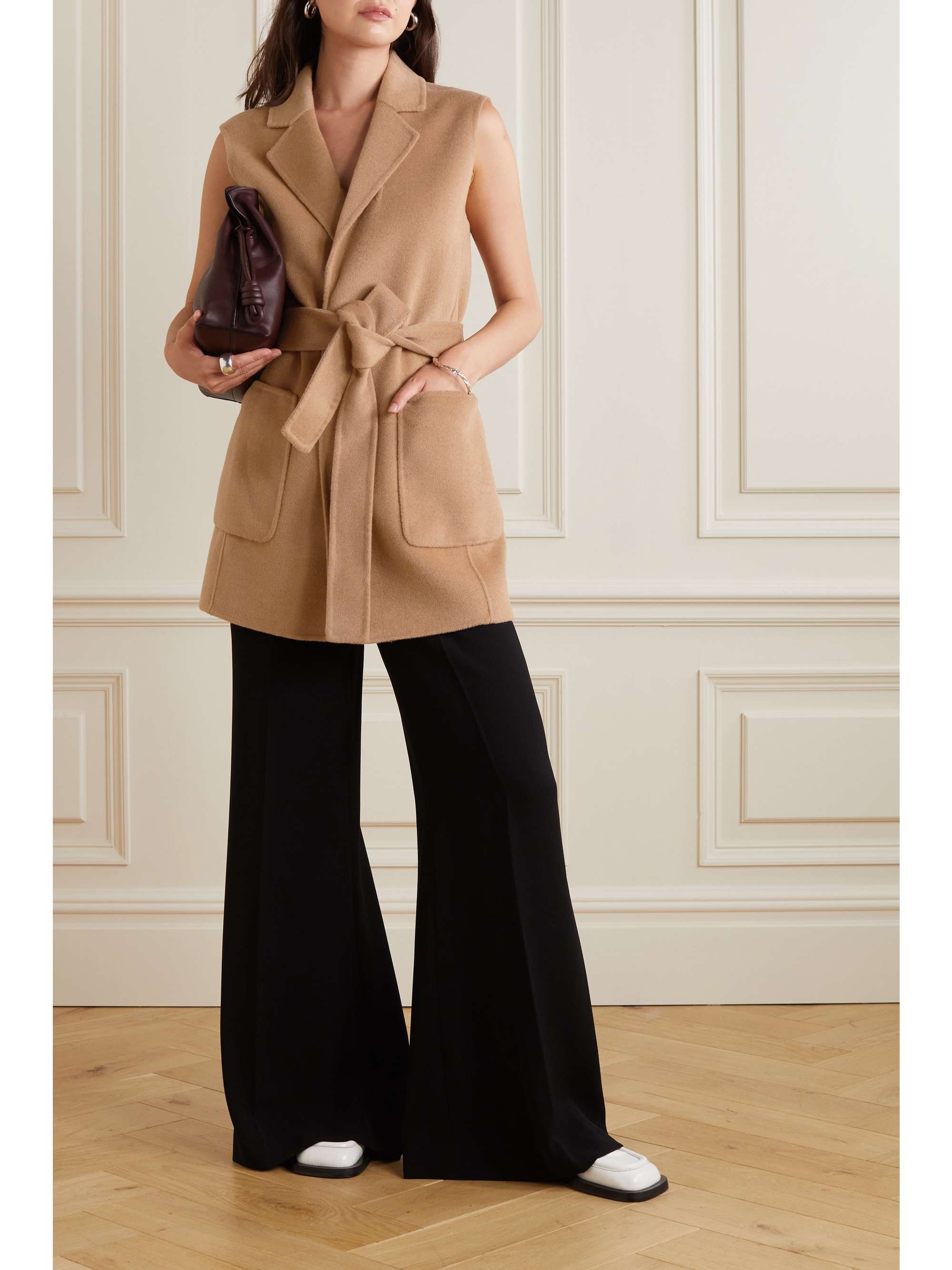 Beige Belted wool-blend felt vest 