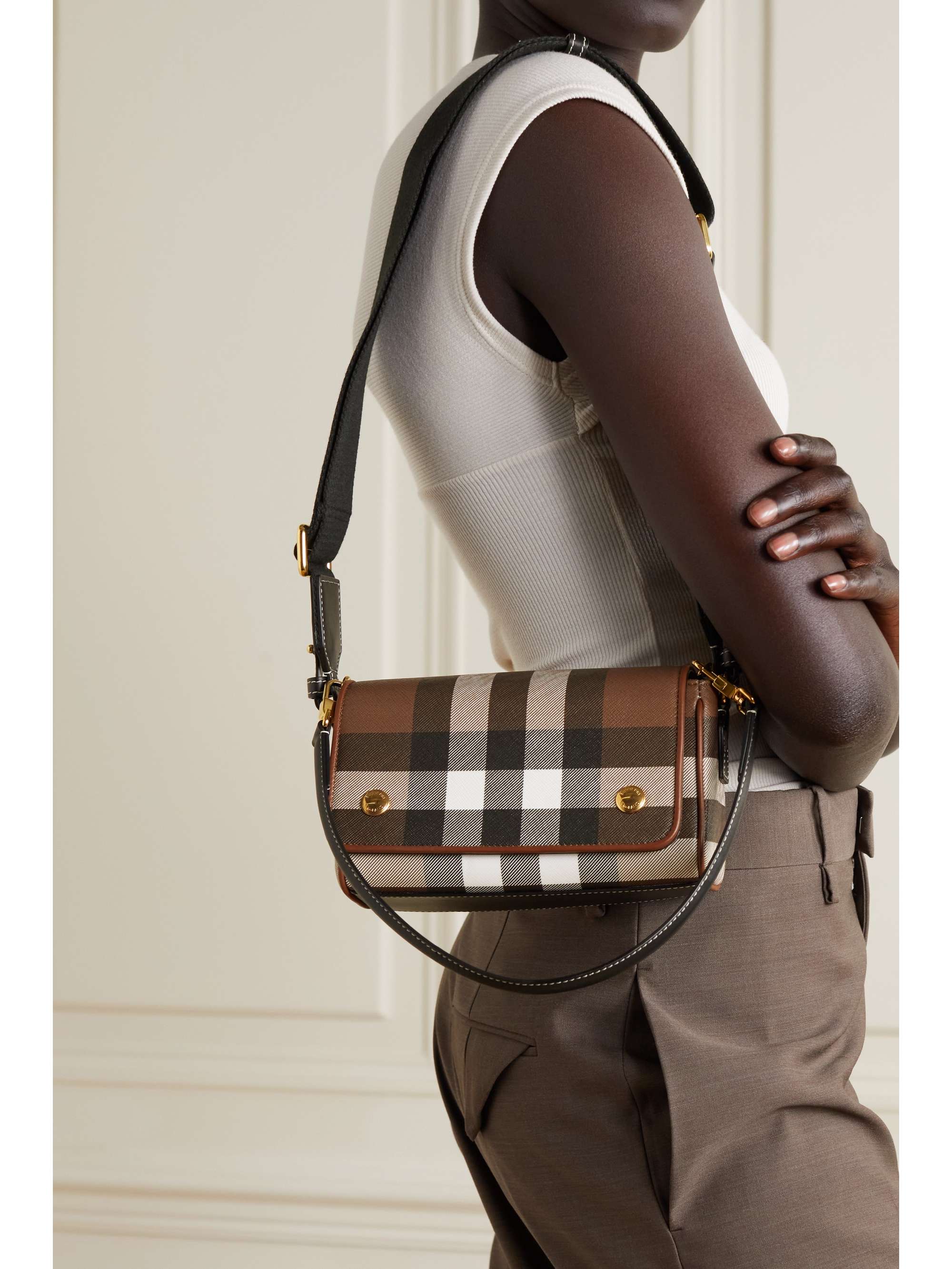 BURBERRY Leather-trimmed checked coated-canvas shoulder bag