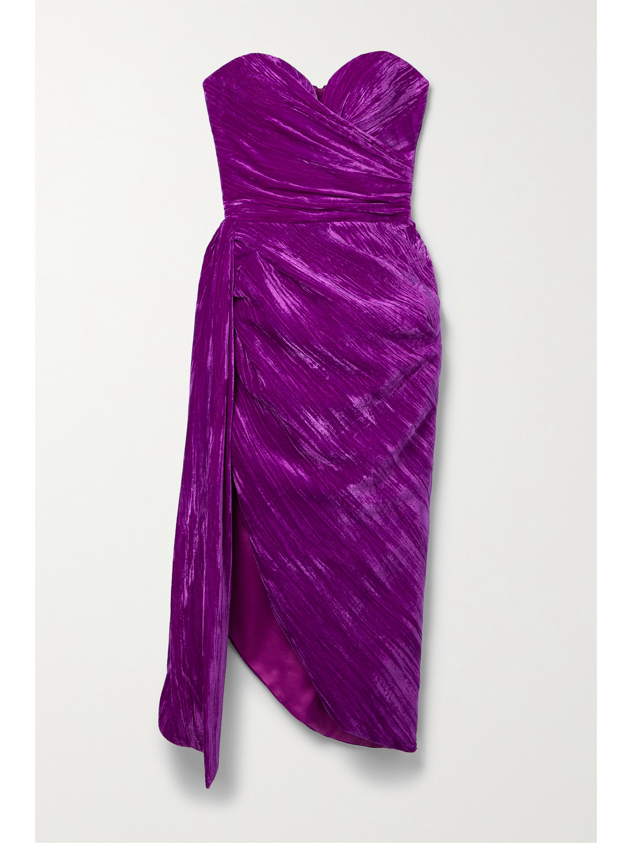RASARIO Draped Strapless Velvet Midi Dress