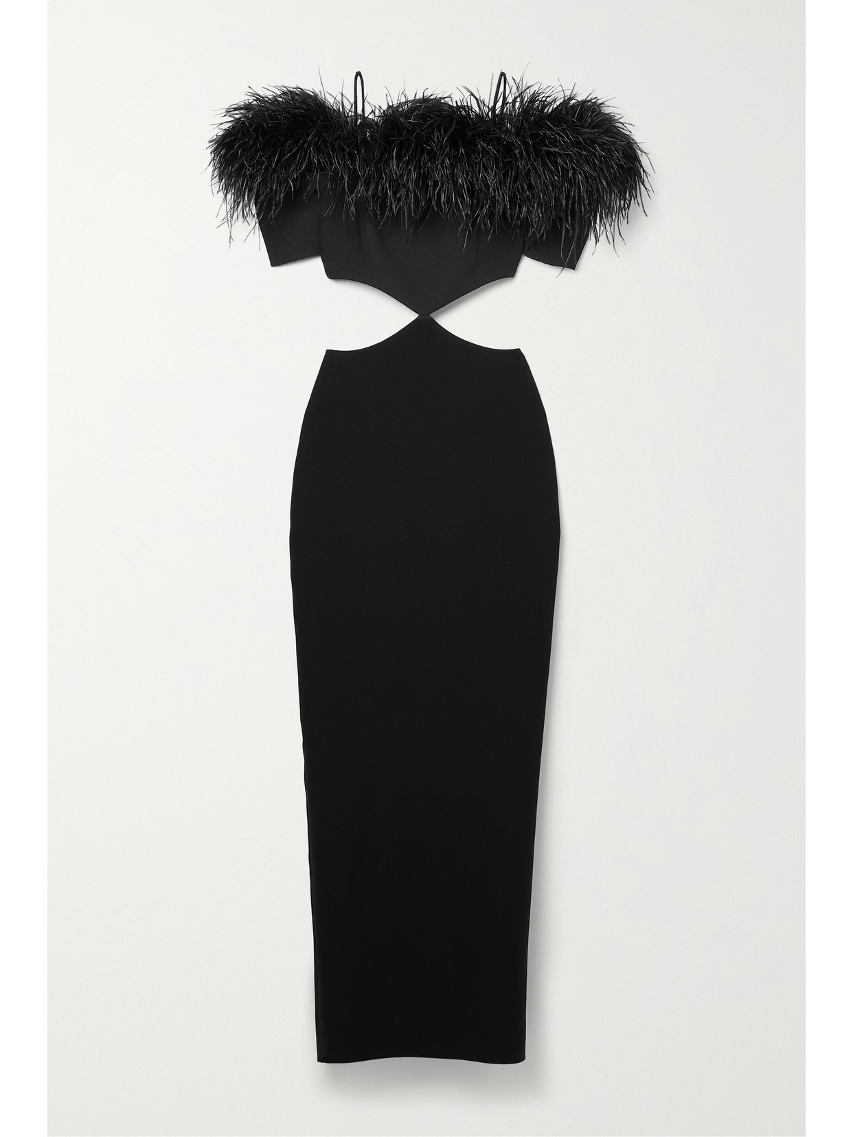 Rasario Off-the-shoulder Cutout Feather-embellished Crepe Maxi Dress In Black