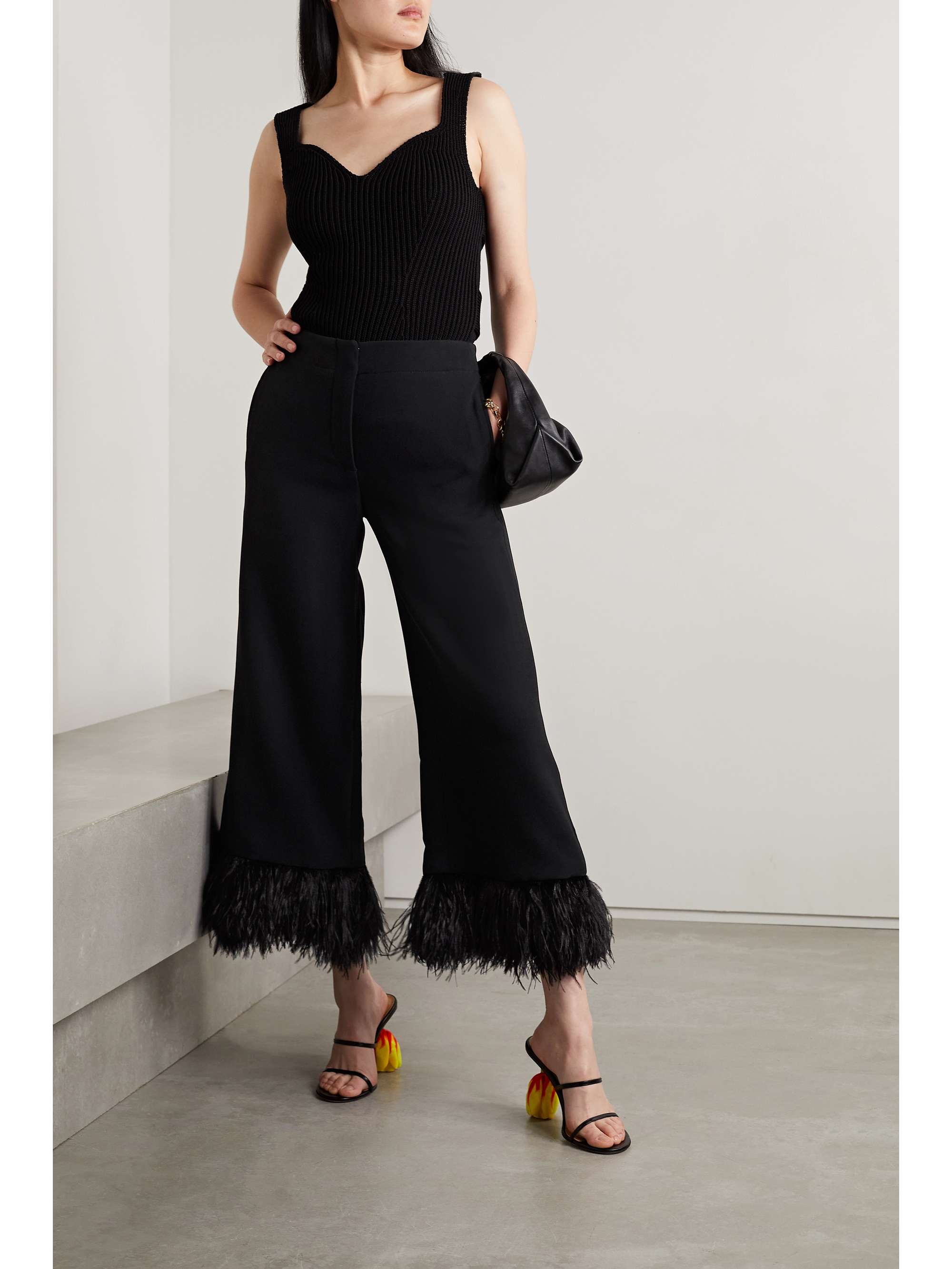 PROENZA SCHOULER Feather-trimmed stretch-crepe wide-leg pants