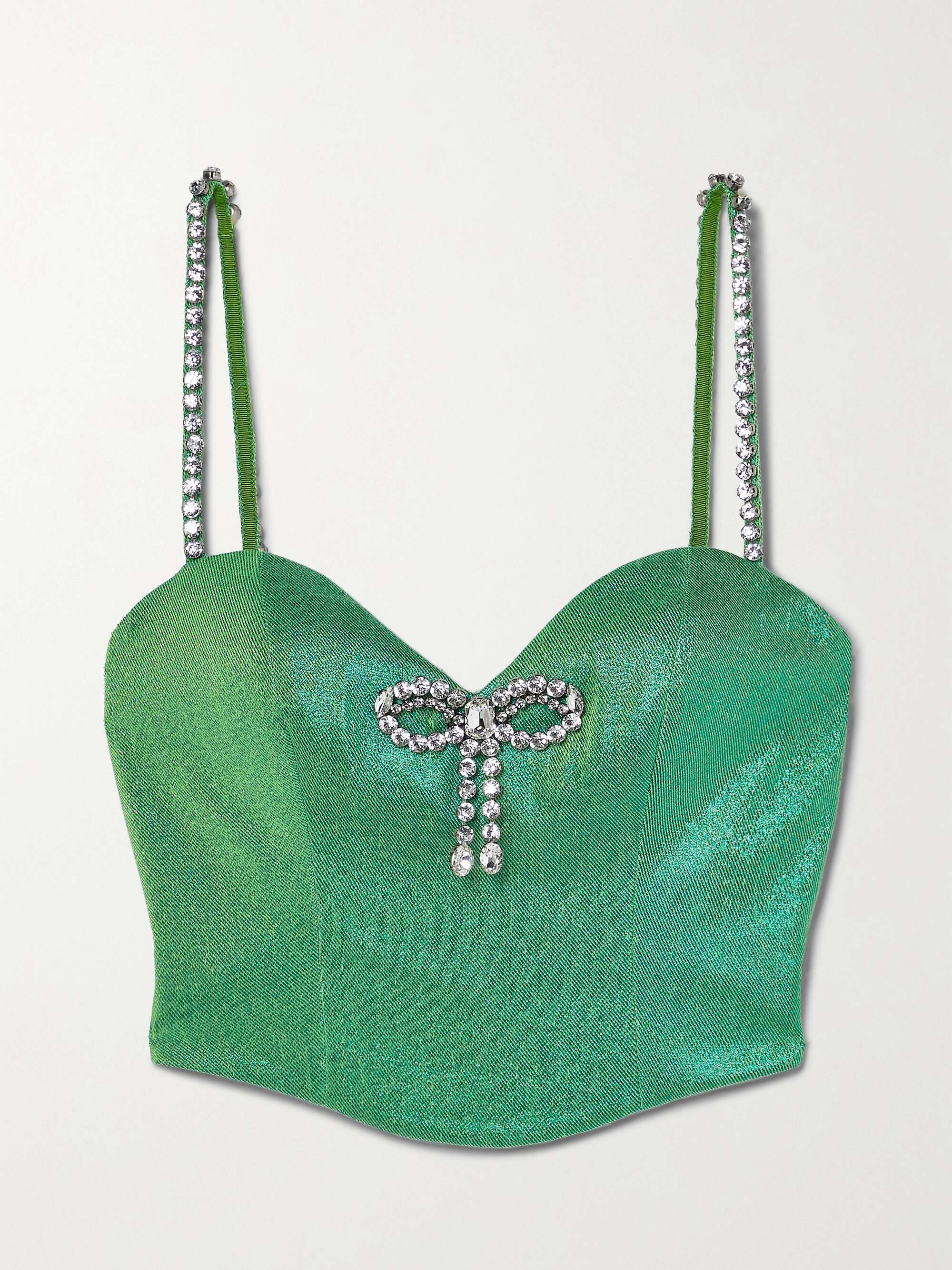 AREA Cropped crystal embellished metallic jersey bustier top NET