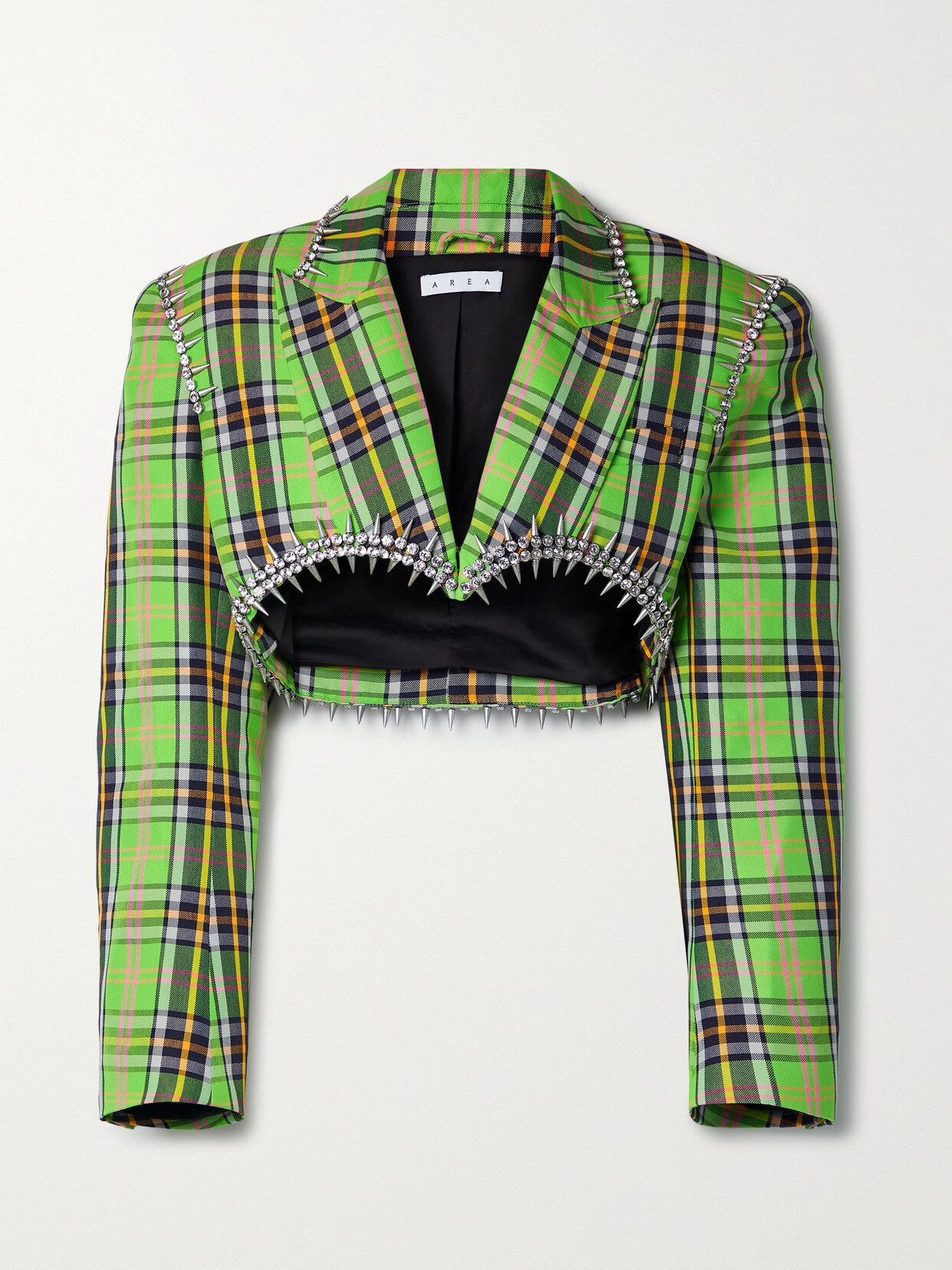 AREA - Cropped Embellished Checked Wool-blend Blazer - Green