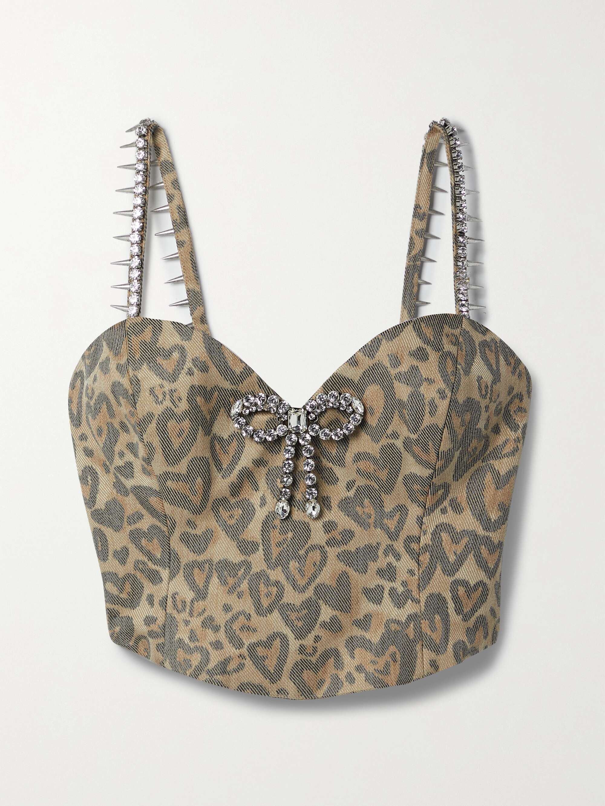 AREA Cropped embellished leopard-print denim bustier top