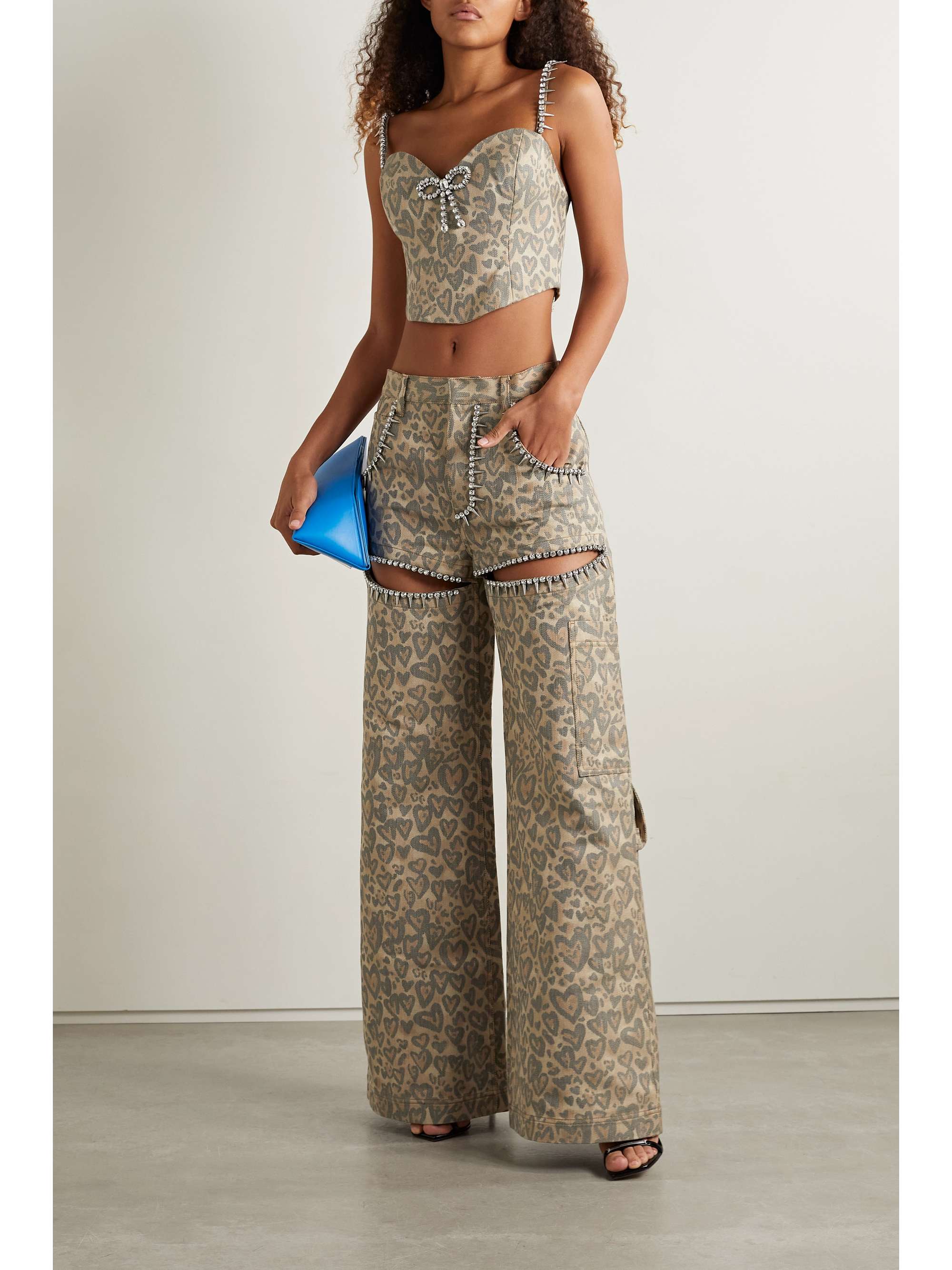 AREA Cropped embellished leopardprint denim bustier top NETAPORTER
