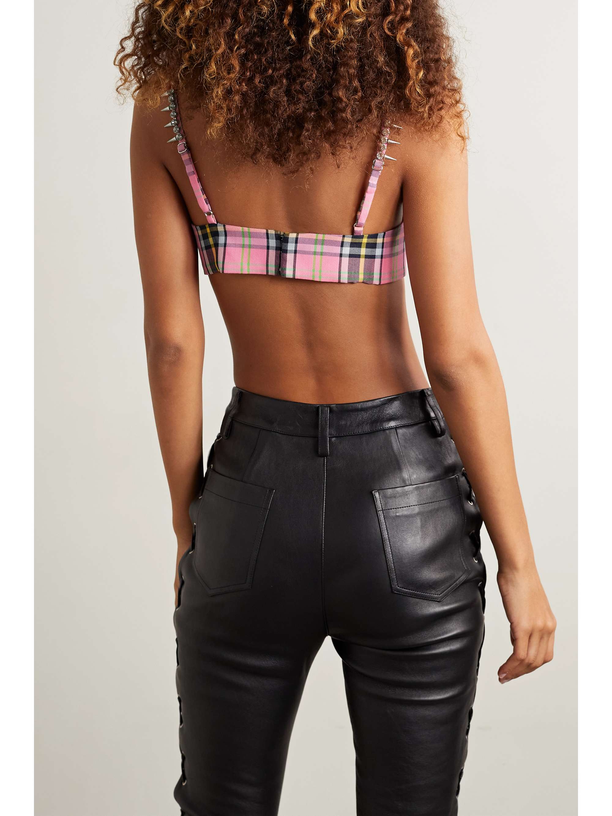 AREA Embellished checked wool-blend bra top
