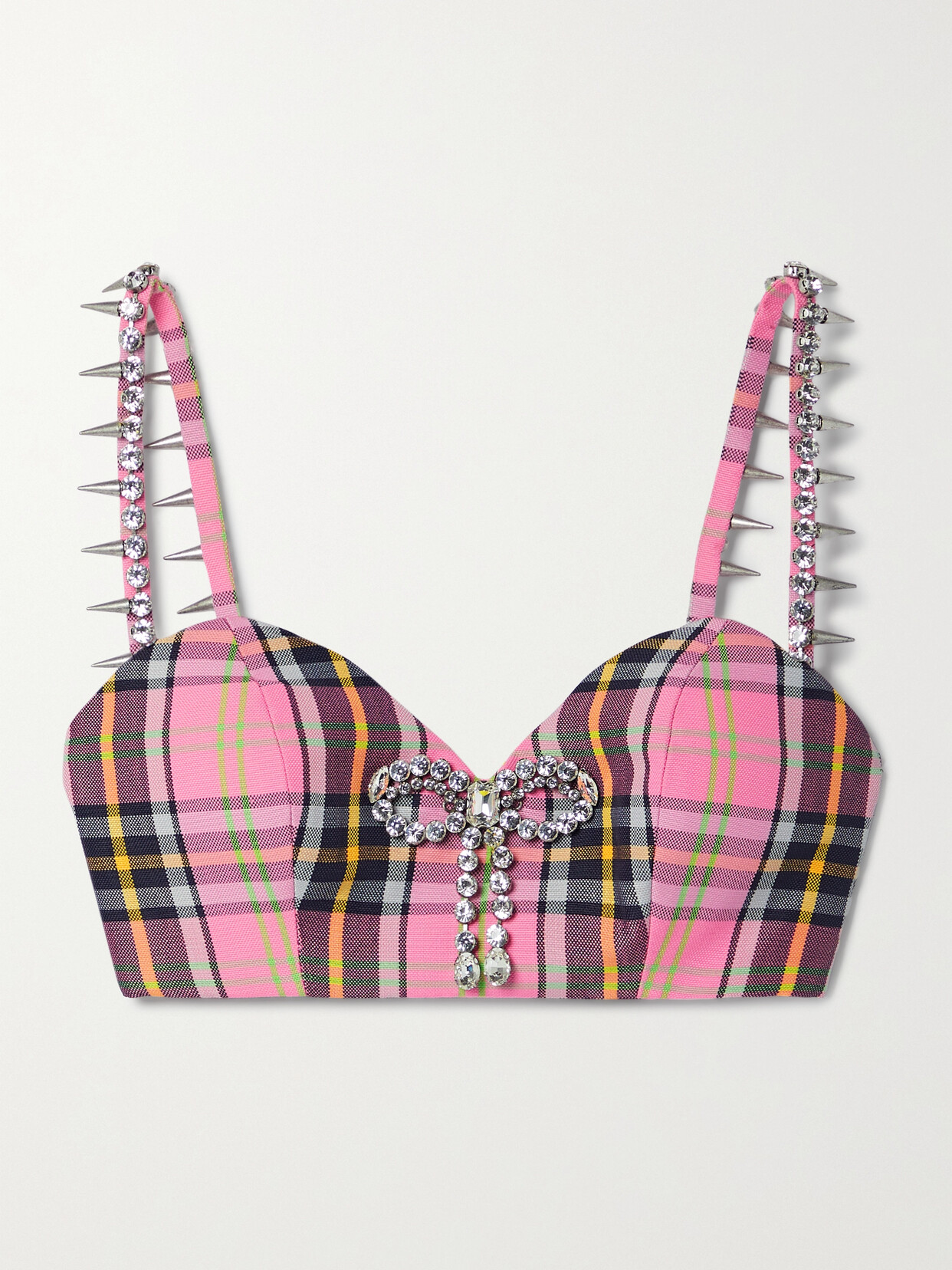 AREA EMBELLISHED CHECKED WOOL-BLEND BRA TOP