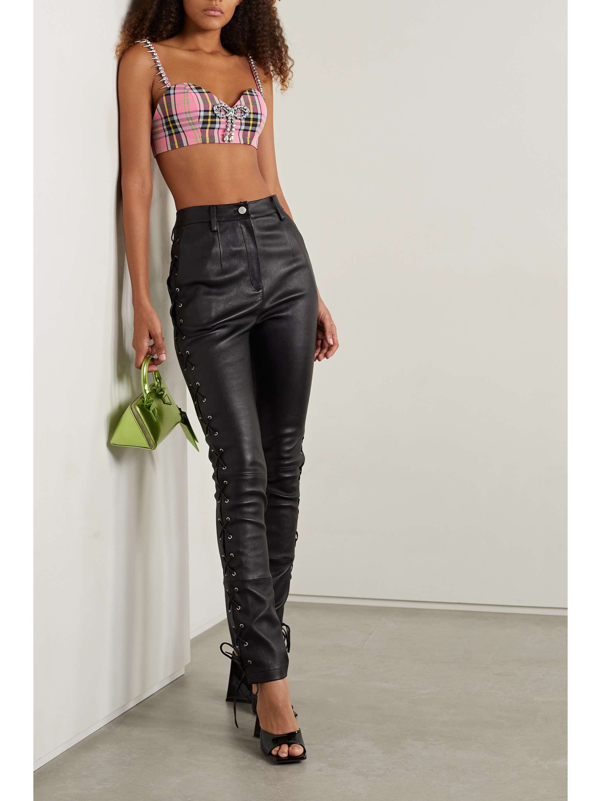 AREA Embellished checked wool-blend bra top