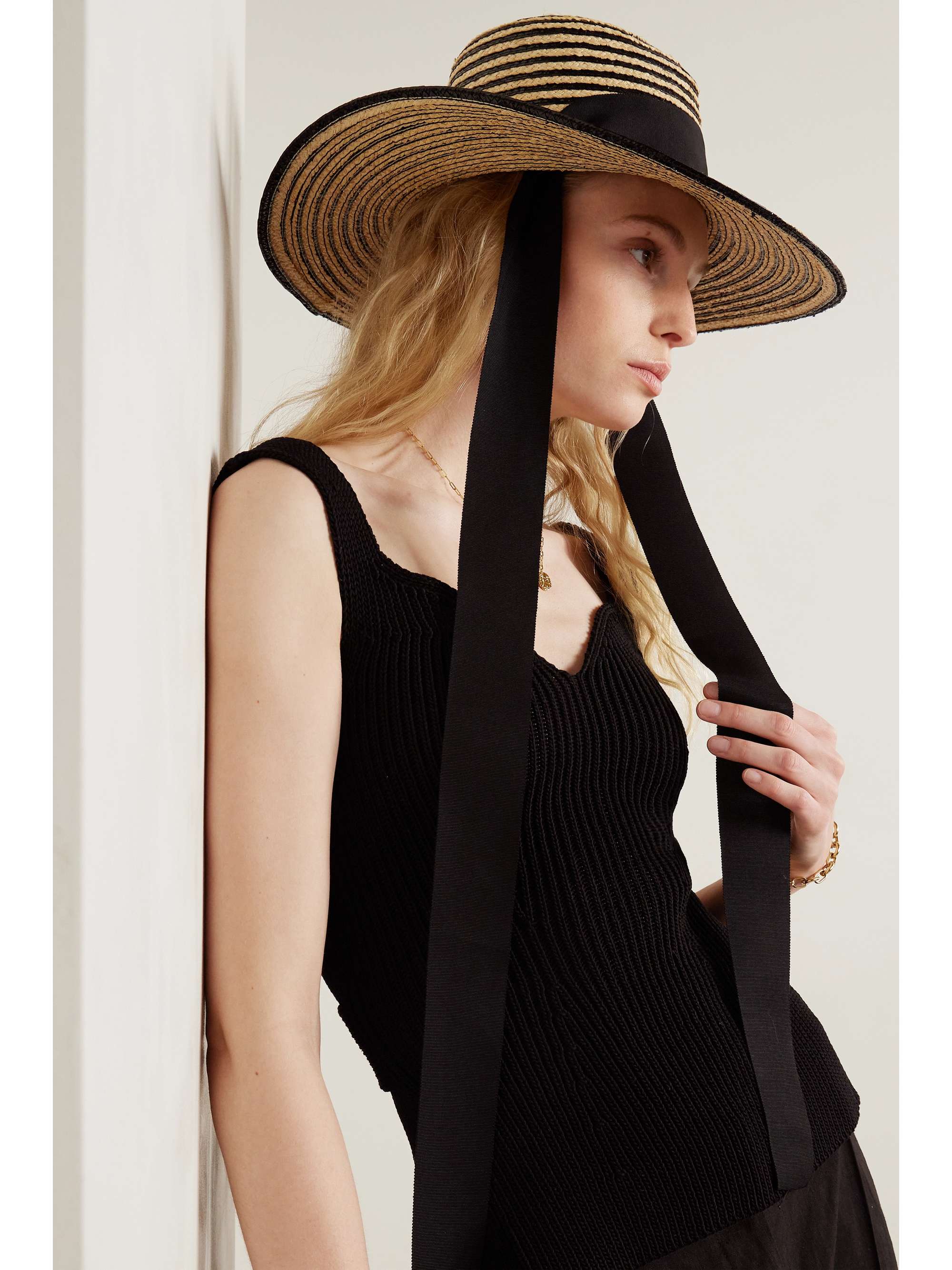 GIGI BURRIS + NET SUSTAIN Jeanne cotton grosgrain-trimmed striped straw fedora