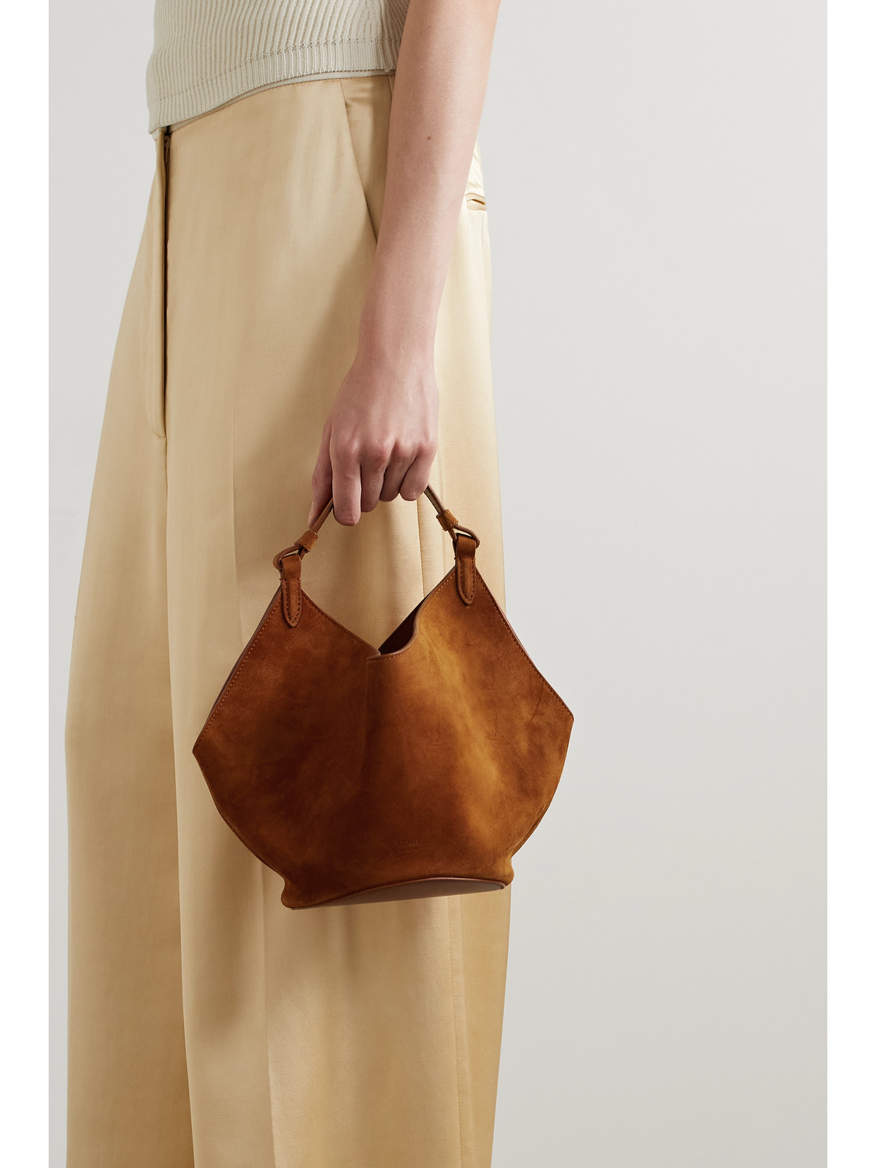 Shop Khaite Lotus Mini Suede Tote In Brown