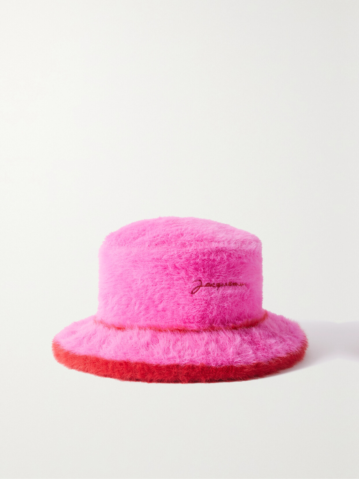 Jacquemus Le Bob Neve Embroidered Striped Faux Fur Bucket Hat In Pink