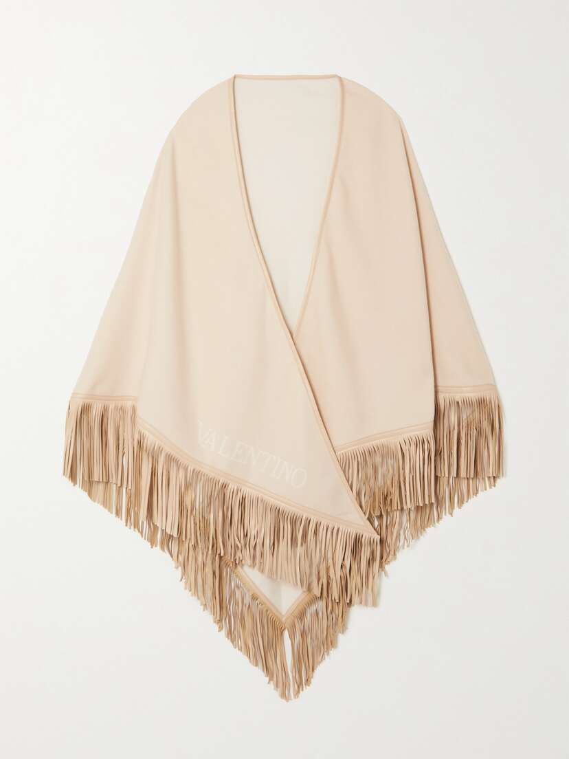 Valentino Garavani Vlogo Fringed Leather-trimmed Cashmere Wrap
