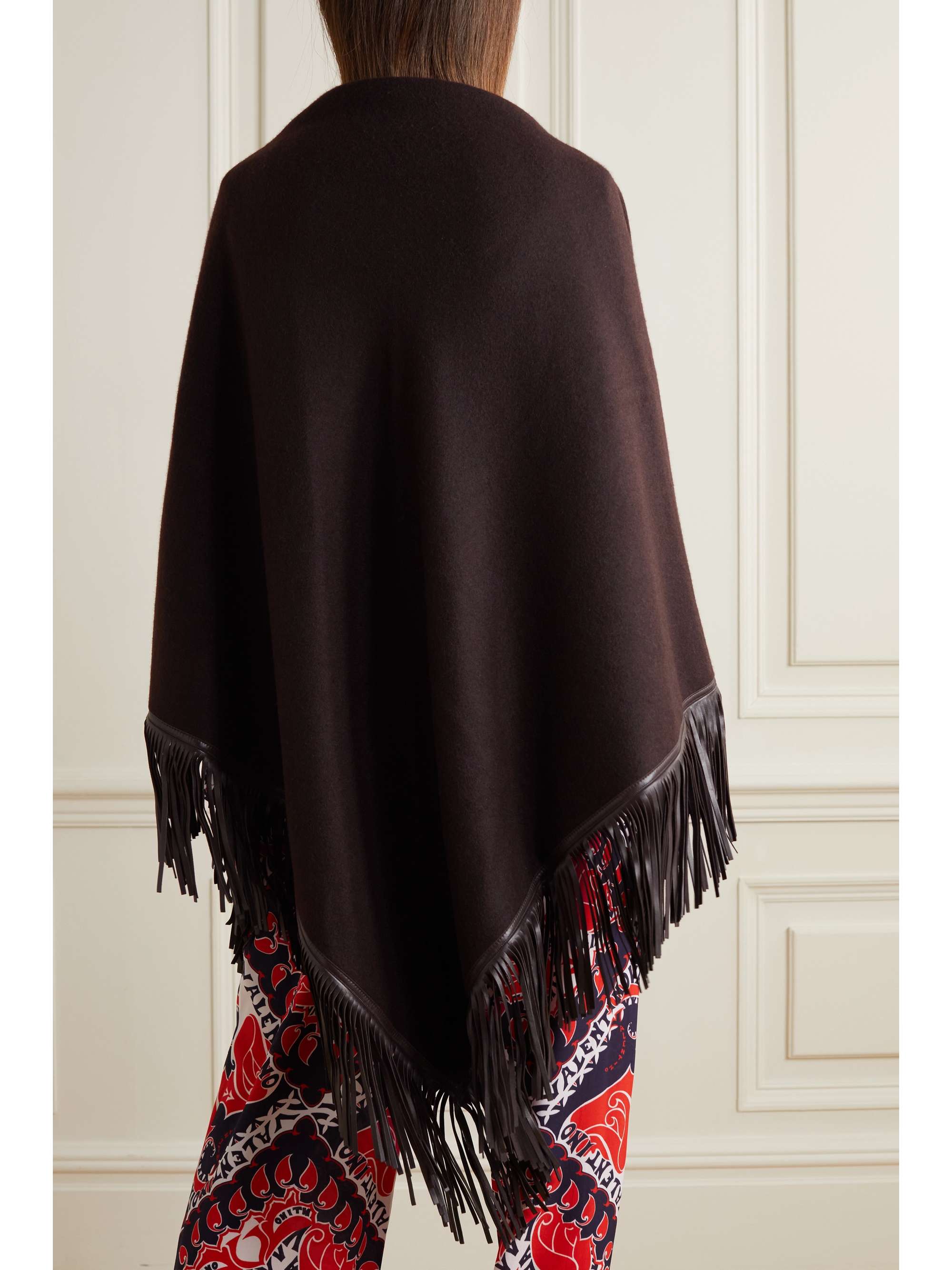 VALENTINO GARAVANI Valentino Garavani VLOGO fringed leather-trimmed cashmere wrap