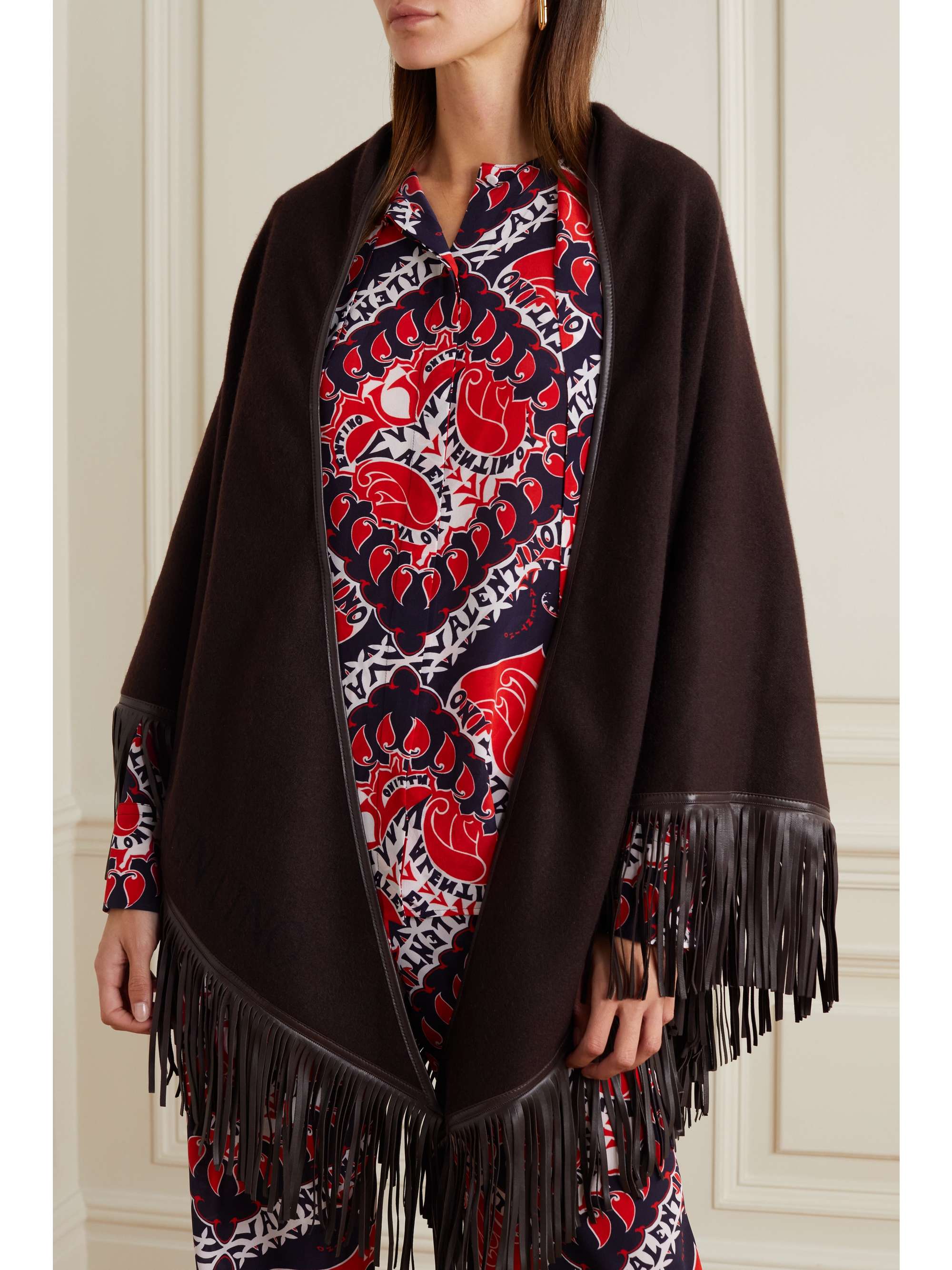 VALENTINO GARAVANI Valentino Garavani VLOGO fringed leather-trimmed cashmere wrap