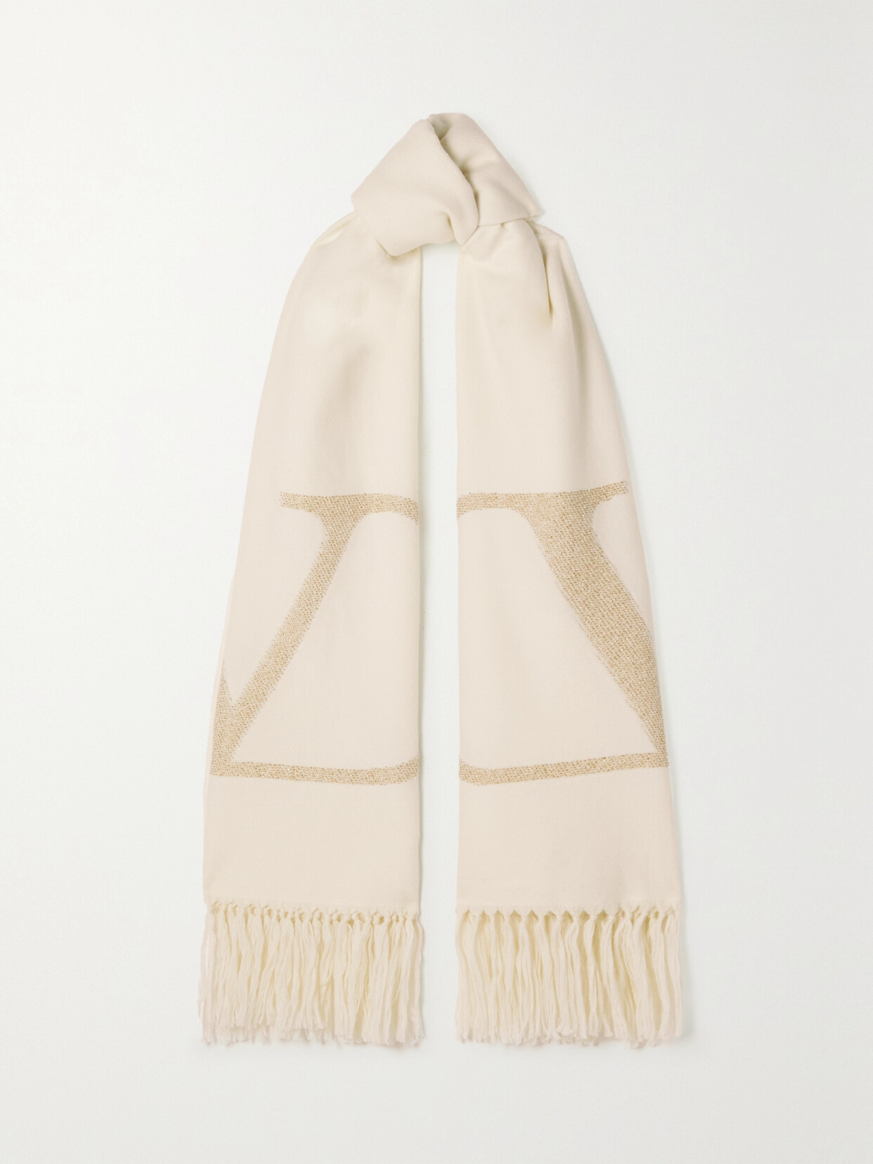 Valentino Garavani - Fringed Metallic Logo-jacquard Wool Scarf - Neutrals