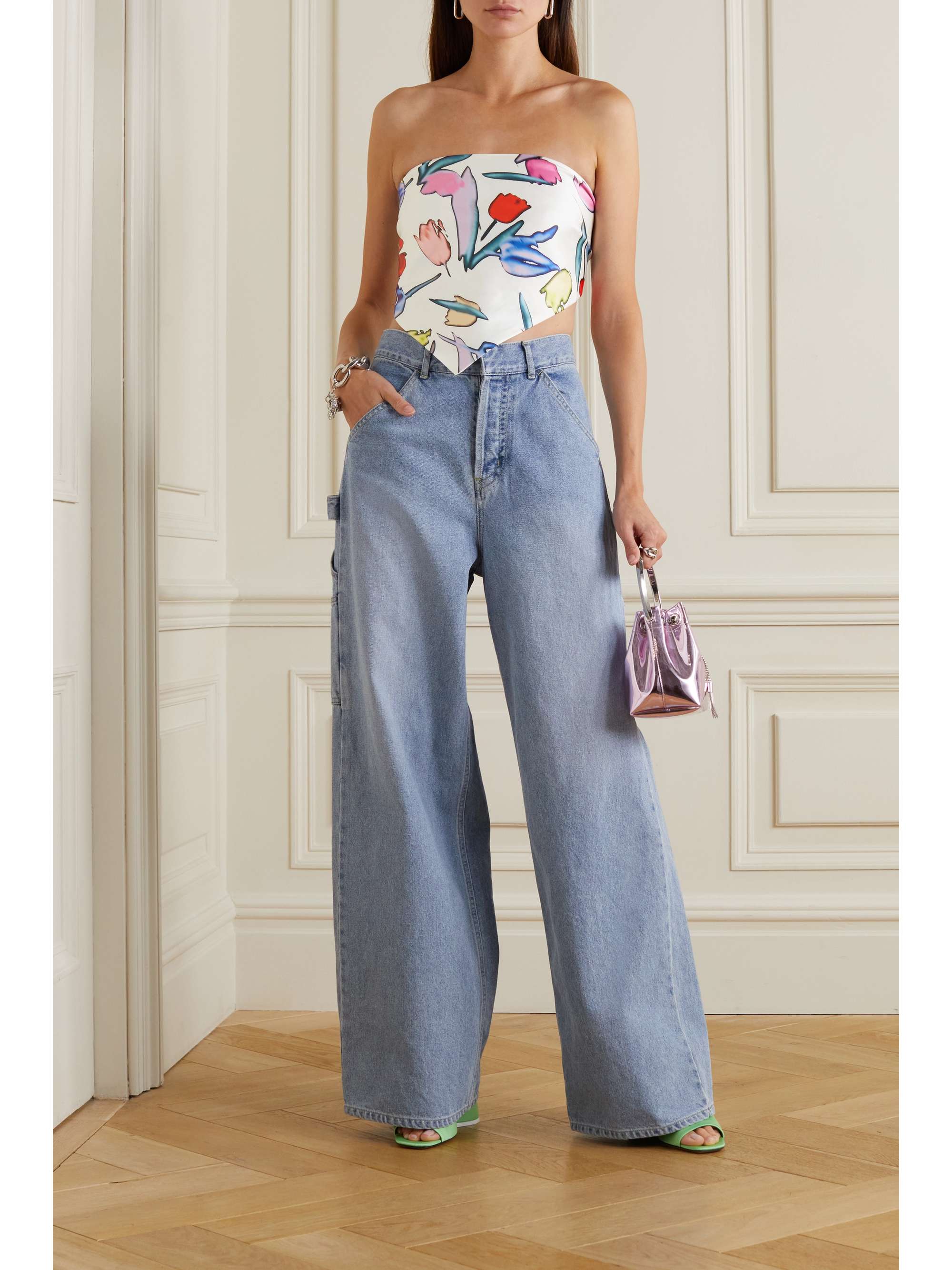 net-a-porter.com | Angie cropped strapless floral-print recycled satin top