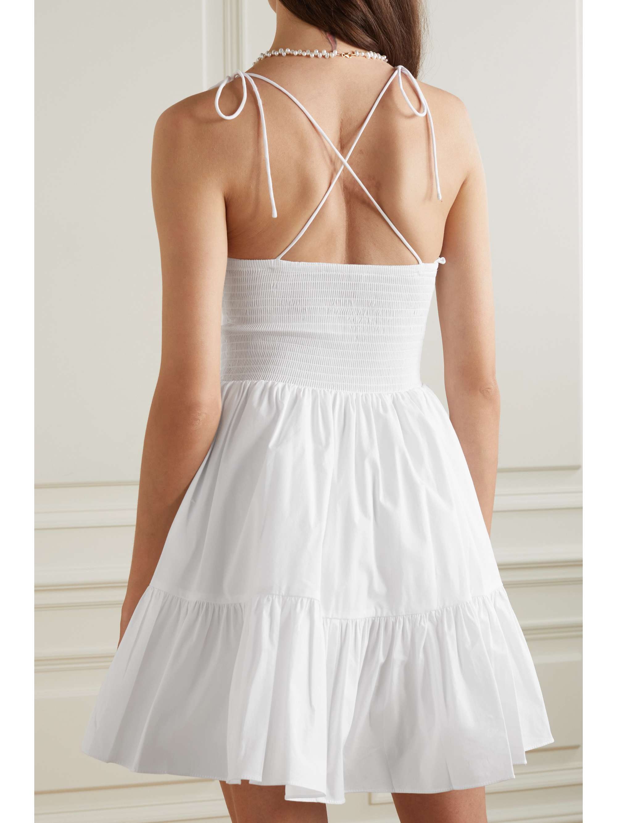 STAUD Landry open-back smocked tiered cotton-blend poplin mini dress