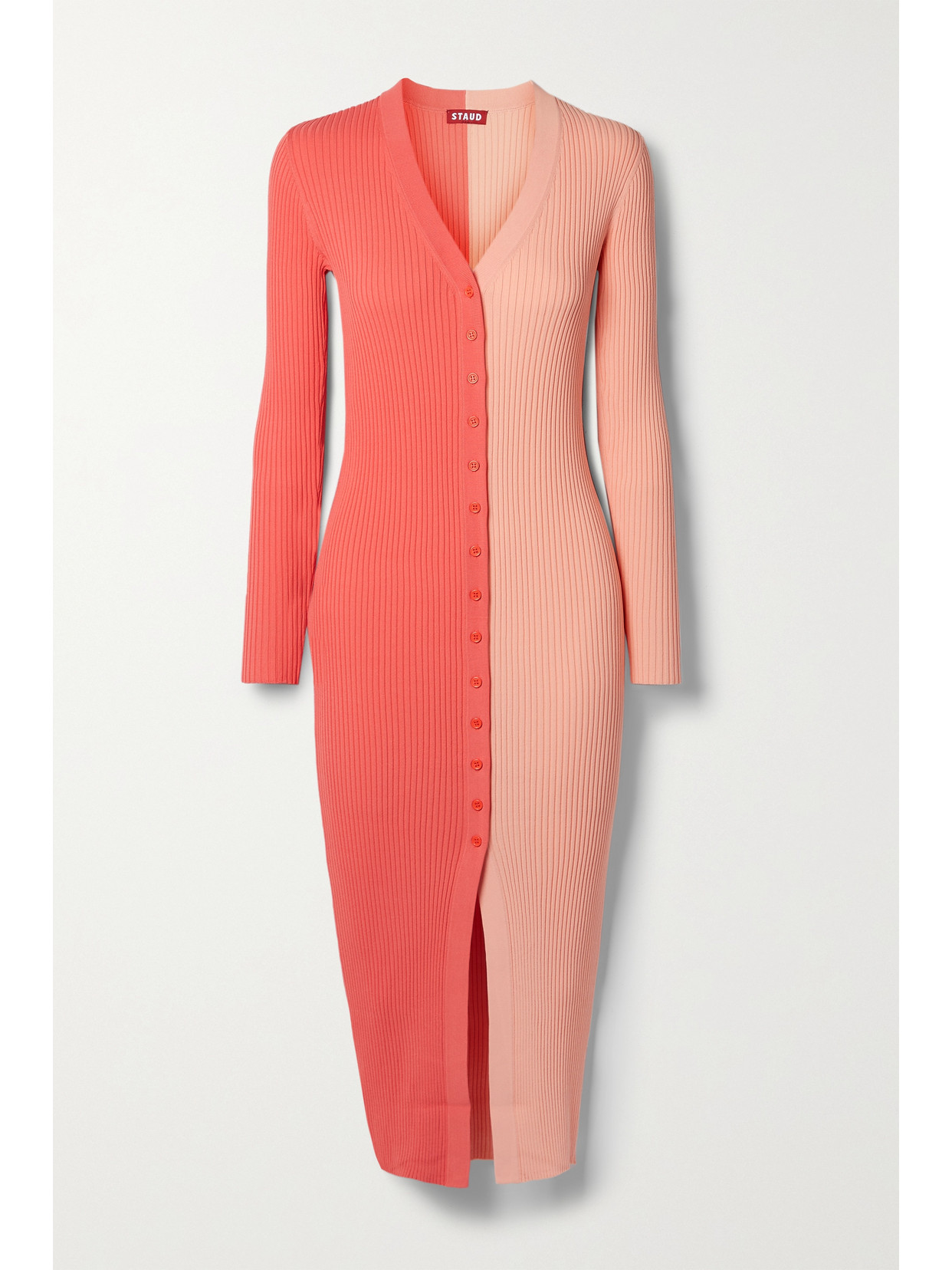 Staud Shoko Two-tone Ribbed Stretch-knit Cardigan In Pink
